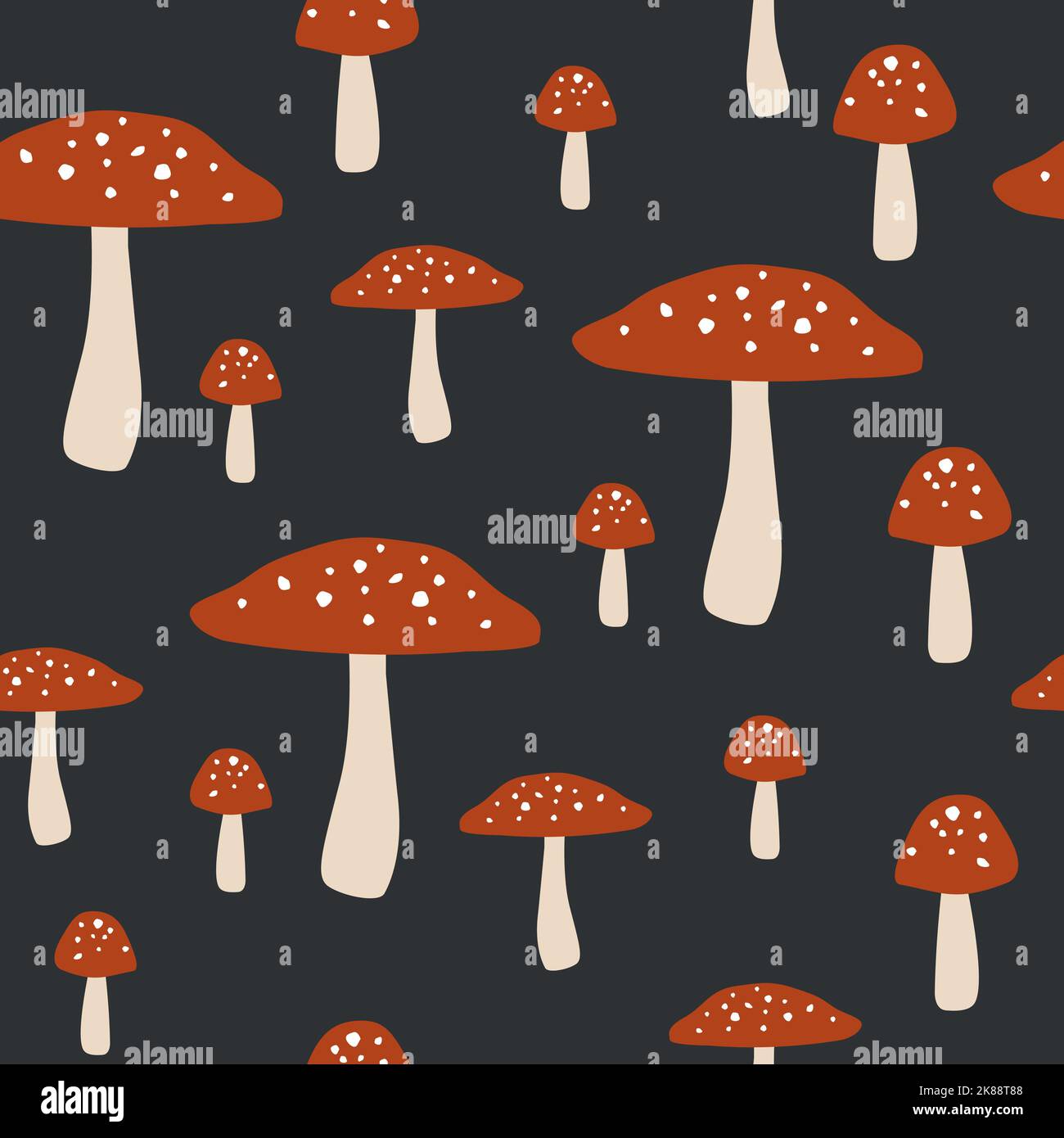 Motif sans couture en forme de champignon Amanita. Des agarics rouges à la mouche sur fond sombre. Illustration de Vecteur