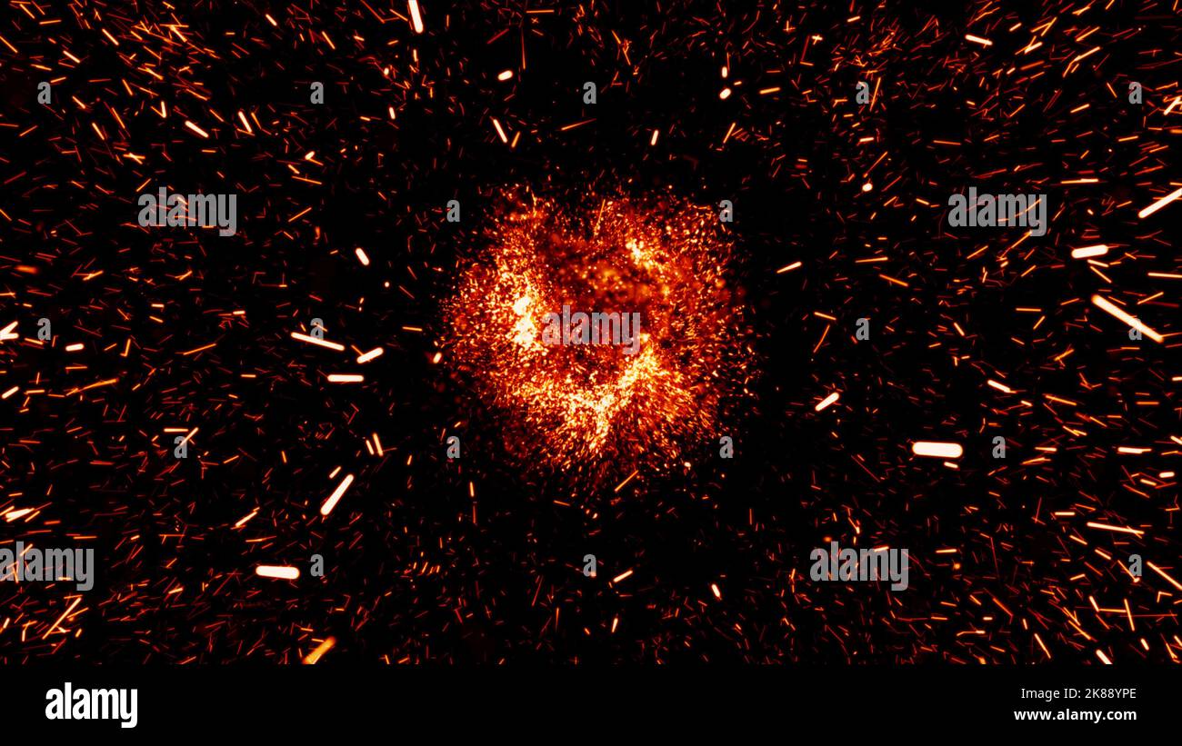 tirer des étincelles d'un feu de camp sur fond noir. Super ralenti des étincelles de feu isolées sur fond noir. Banque D'Images