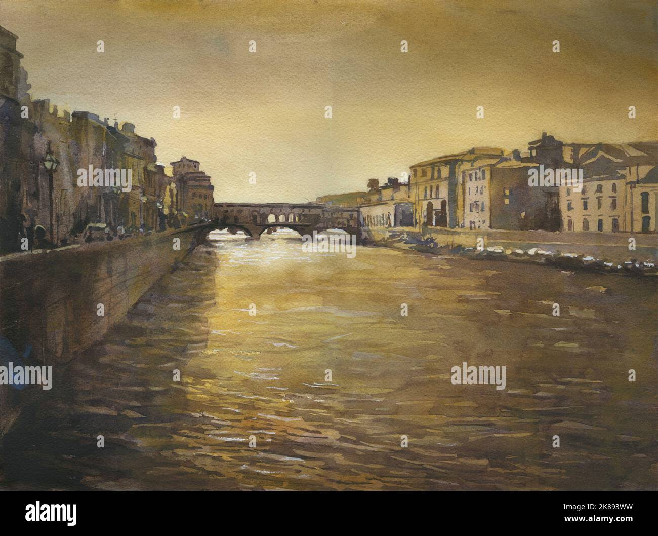 Le Ponte Vecchio dans la ville médiévale de Florence, Italie. Aquarelle de Ponte Vecchio, Florence art Banque D'Images