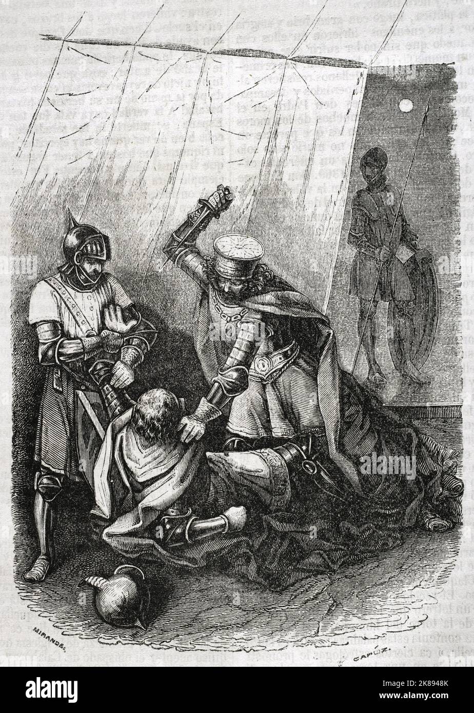Beltran Duguesclin et le demi-frère du roi, Enrique de Trastamara, poignardant le roi Pedro I de Castille. Banque D'Images