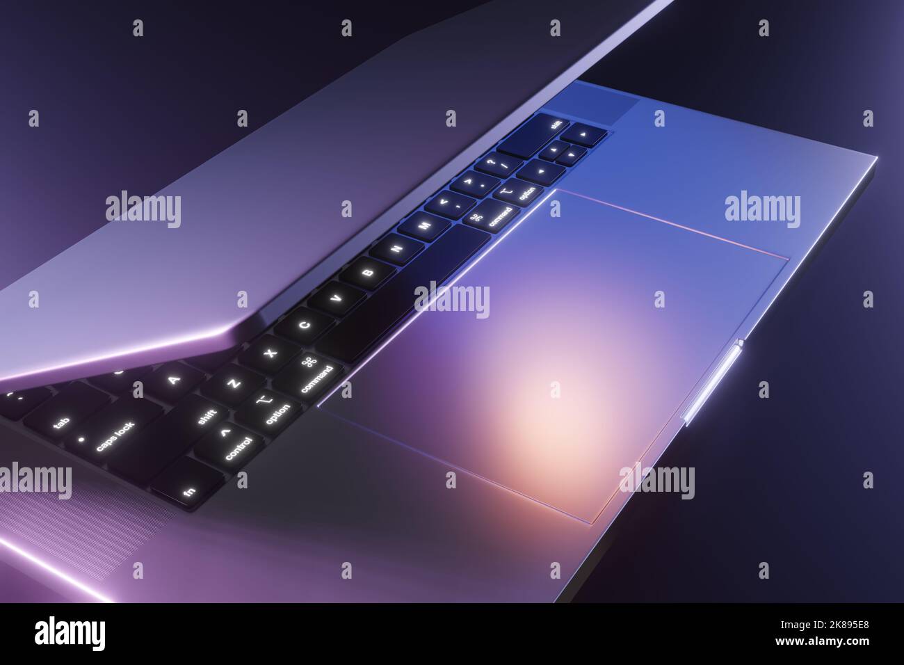 Ordinateur portable argenté sous des néons violets sur fond sombre. Illustration produite comme éléments de conception et arrière-plan Banque D'Images