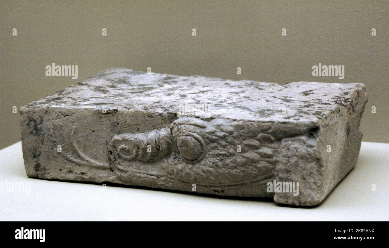 Fragment de brique d'argile cuite avec une tête de mussu-dragon en relief. Banque D'Images