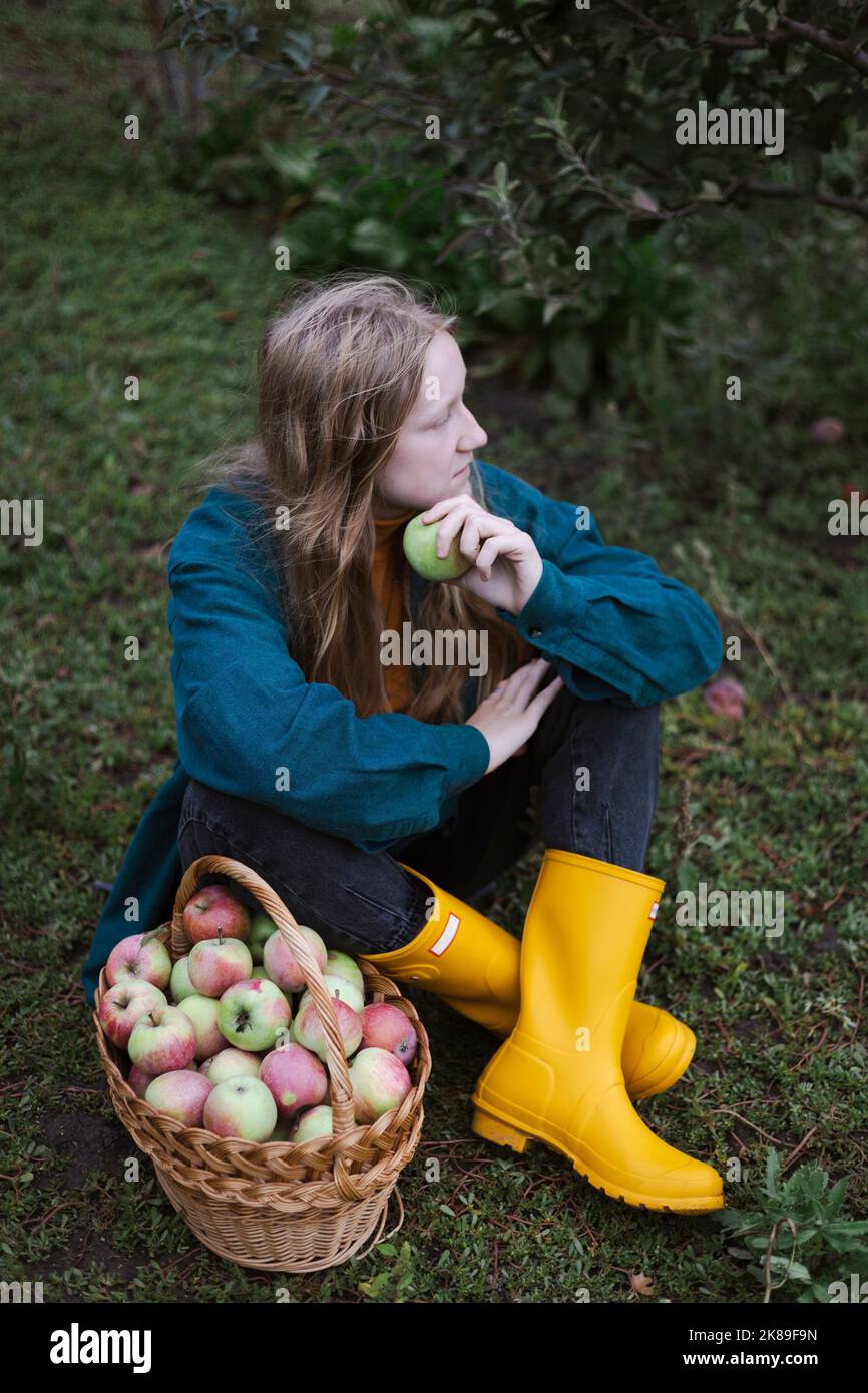 fille et panier avec des pommes juteuses dans le jardin. esthétique de la vie rurale Banque D'Images
