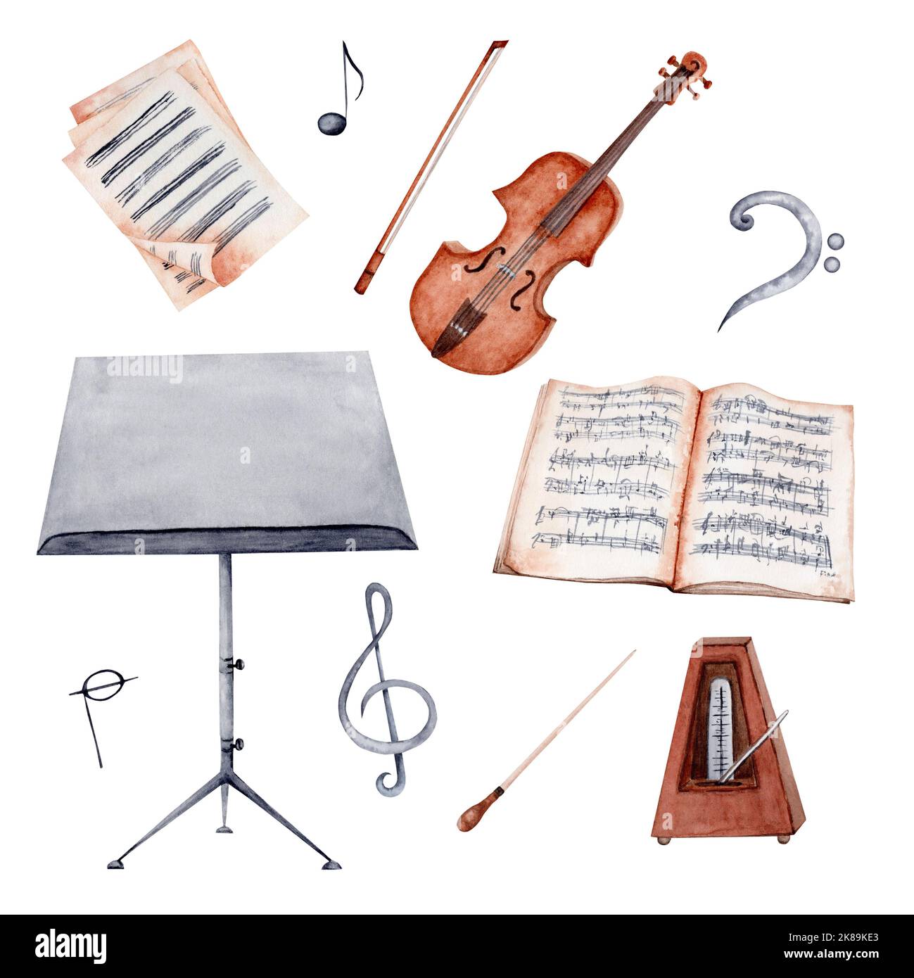 Violon, support de musique, Notes et partitions aquarelle. Collection d'éléments isolés peints à la main de musique classique sur fond blanc. Banque D'Images