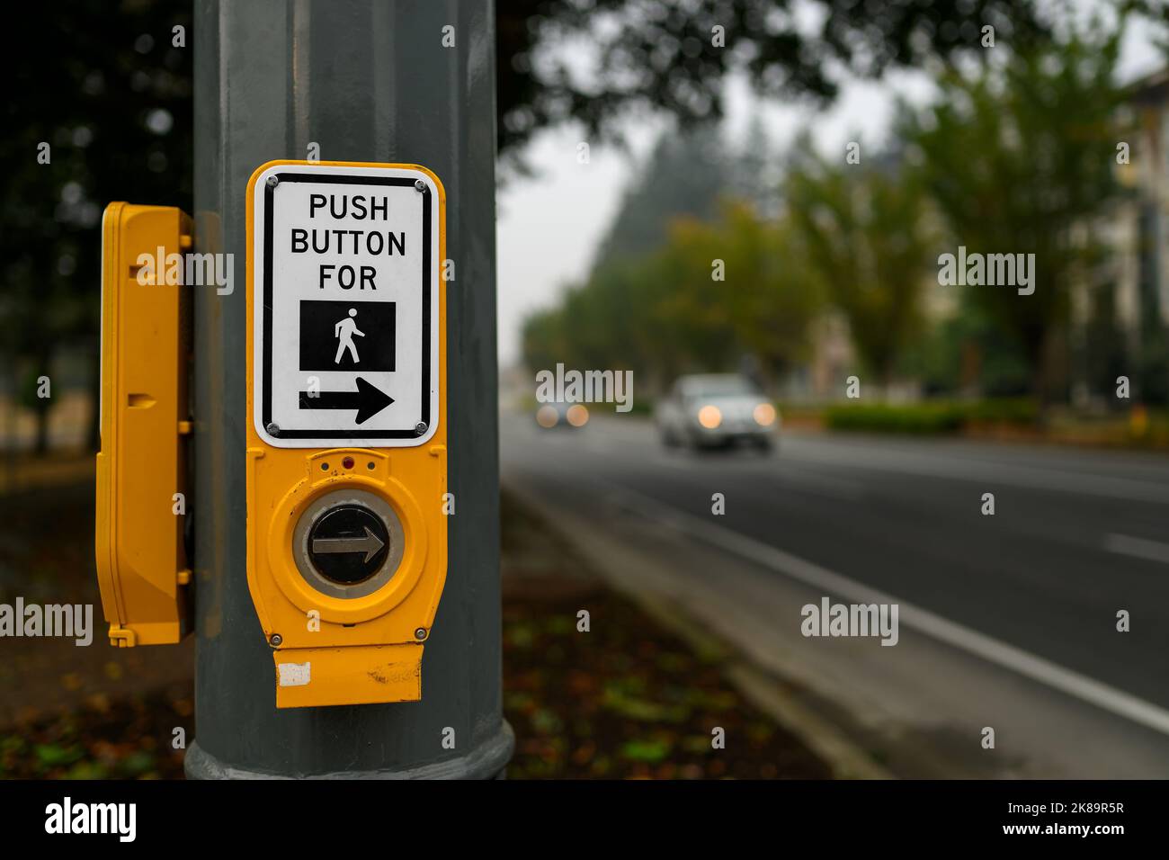Pousser pour piétons au passage pour piétons en diagonale avec la flèche de direction à l'intersection de la rue de la ville en Colombie-Britannique, Canada Banque D'Images