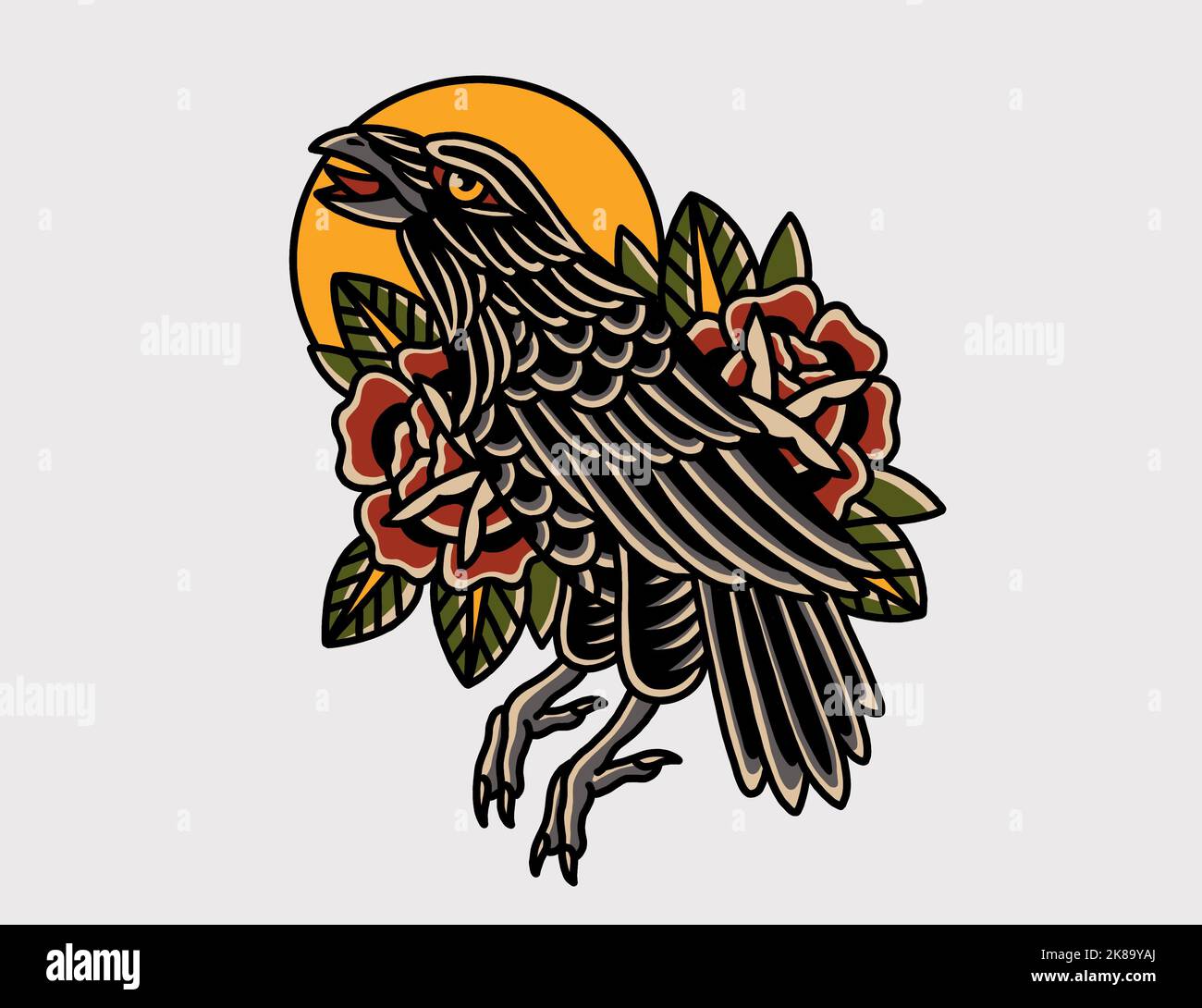 Old School traditionnel tatouage inspiré cool design graphique illustration Crow avec roses pour la marchandise t chemises autocollants fonds d'écran étiquette Banque D'Images