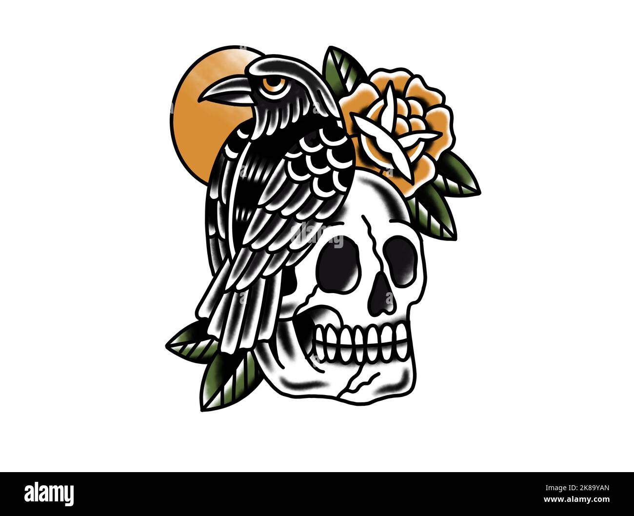 Old School traditionnel tatouage inspiré cool design graphique illustration Crow assis sur le crâne humain pour la marchandise t-shirts autocollants fonds d'écran Banque D'Images