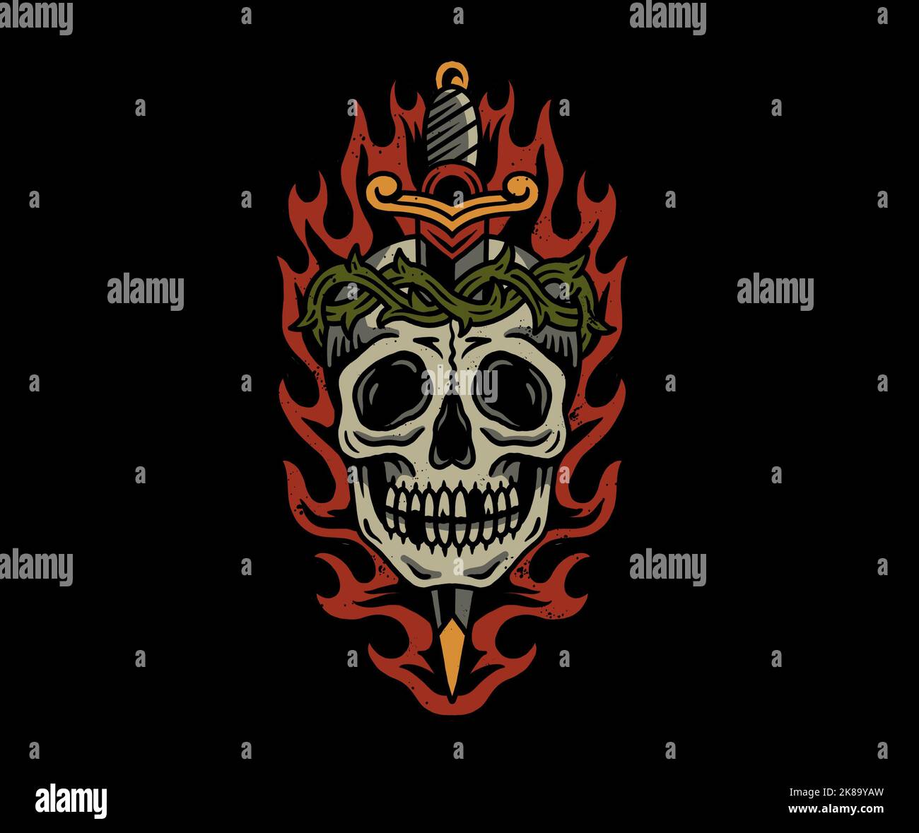 Old School traditionnel tatouage inspiré cool design graphique illustration crâne humain avec la couronne de dagger des épines et le feu pour les t-shirts de marchandises Banque D'Images