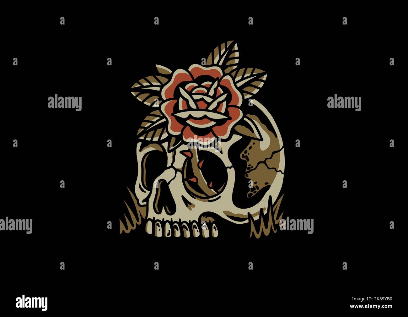 Old School traditionnel tatouage inspiré cool design graphique illustration crâne humain avec rose pour la marchandise t-shirts autocollants fonds d'écran Banque D'Images