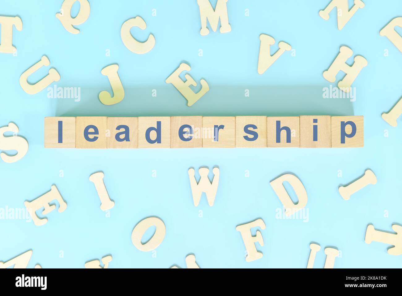 Concept de compétences de leadership dans les affaires, l'entreprise et l'organisation. Typographie de mots sur des blocs de bois à plat. Banque D'Images