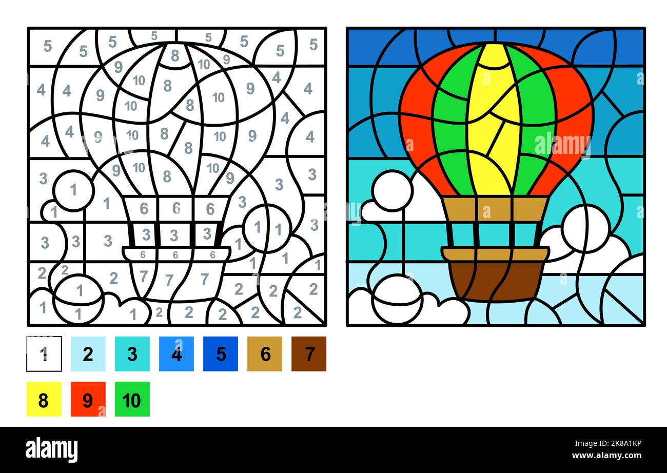 Page de coloriage vectoriel pour l'éducation et les activités des enfants. Jeu de puzzle couleur par numéro ballon d'air chaud Illustration de Vecteur