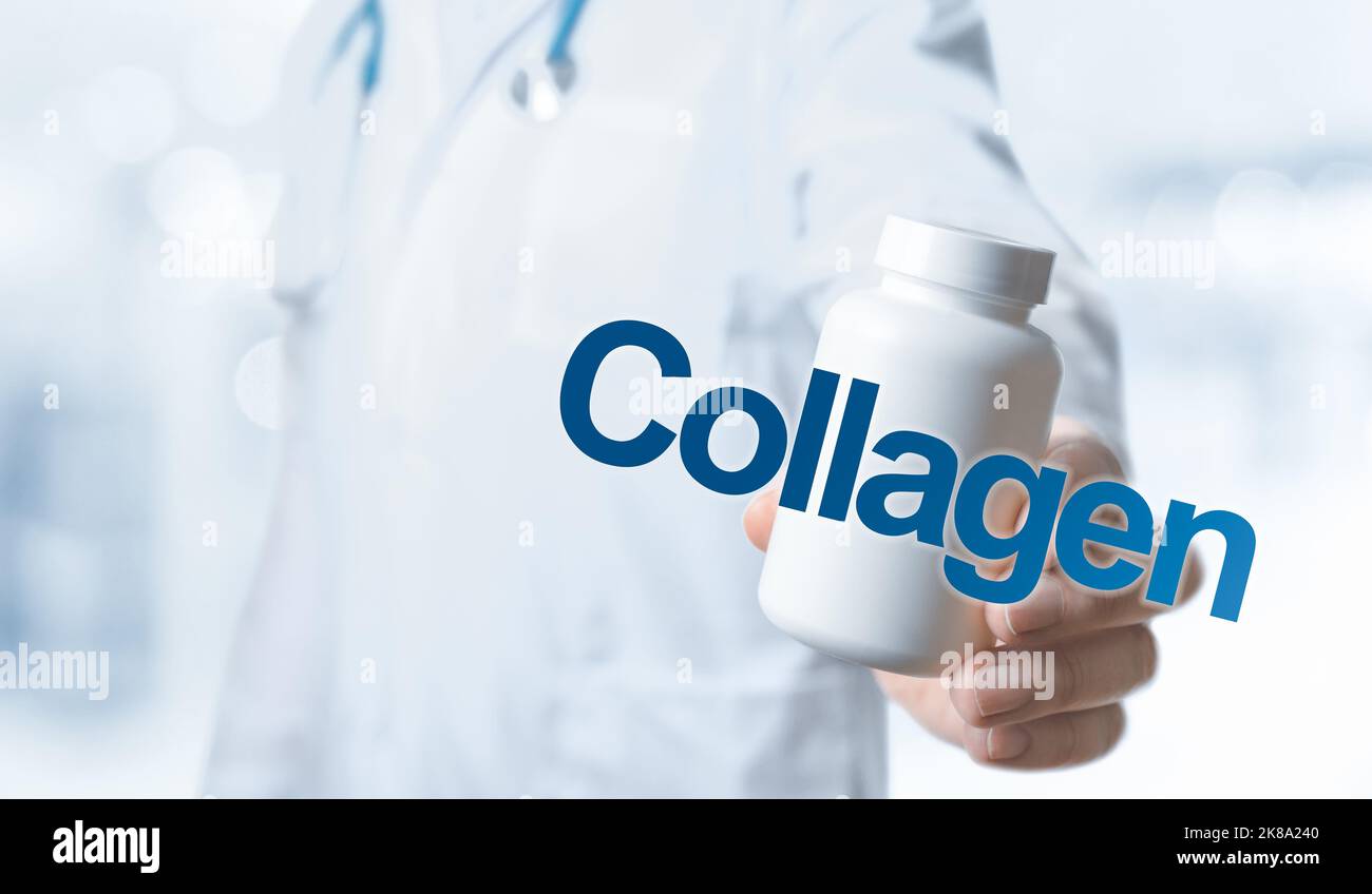 suppléments de collagène pour la santé humaine. Le médecin recommande de prendre du collagène. Le médecin donne du collagène. Vitamines et minéraux essentiels pour les humains. Docteur ho Banque D'Images