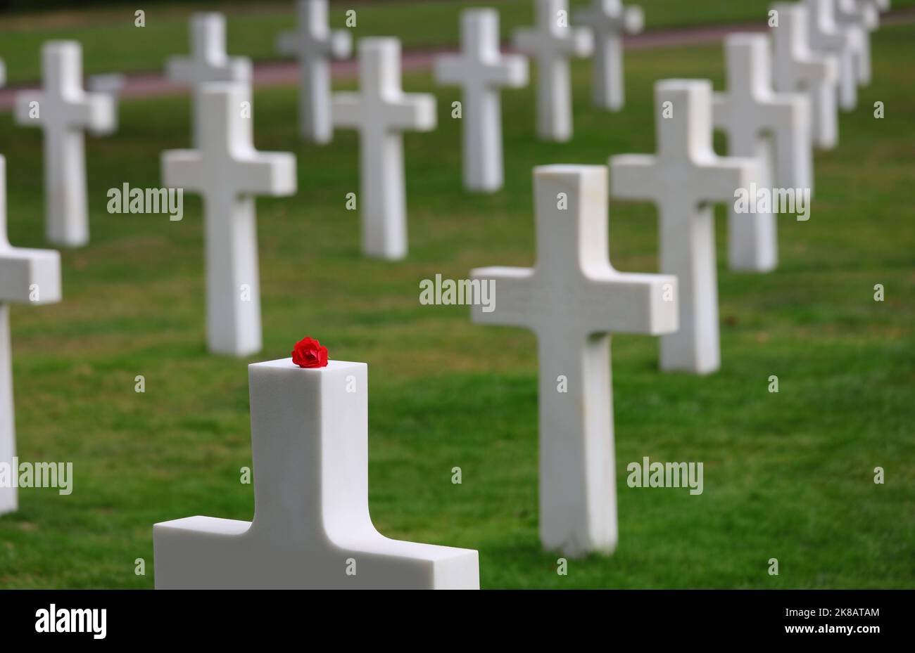 Colleville-sur-Mer, FRA, France - 21 août 2022 : croix blanches dans le cimetière militaire américain près du débarquement Banque D'Images
