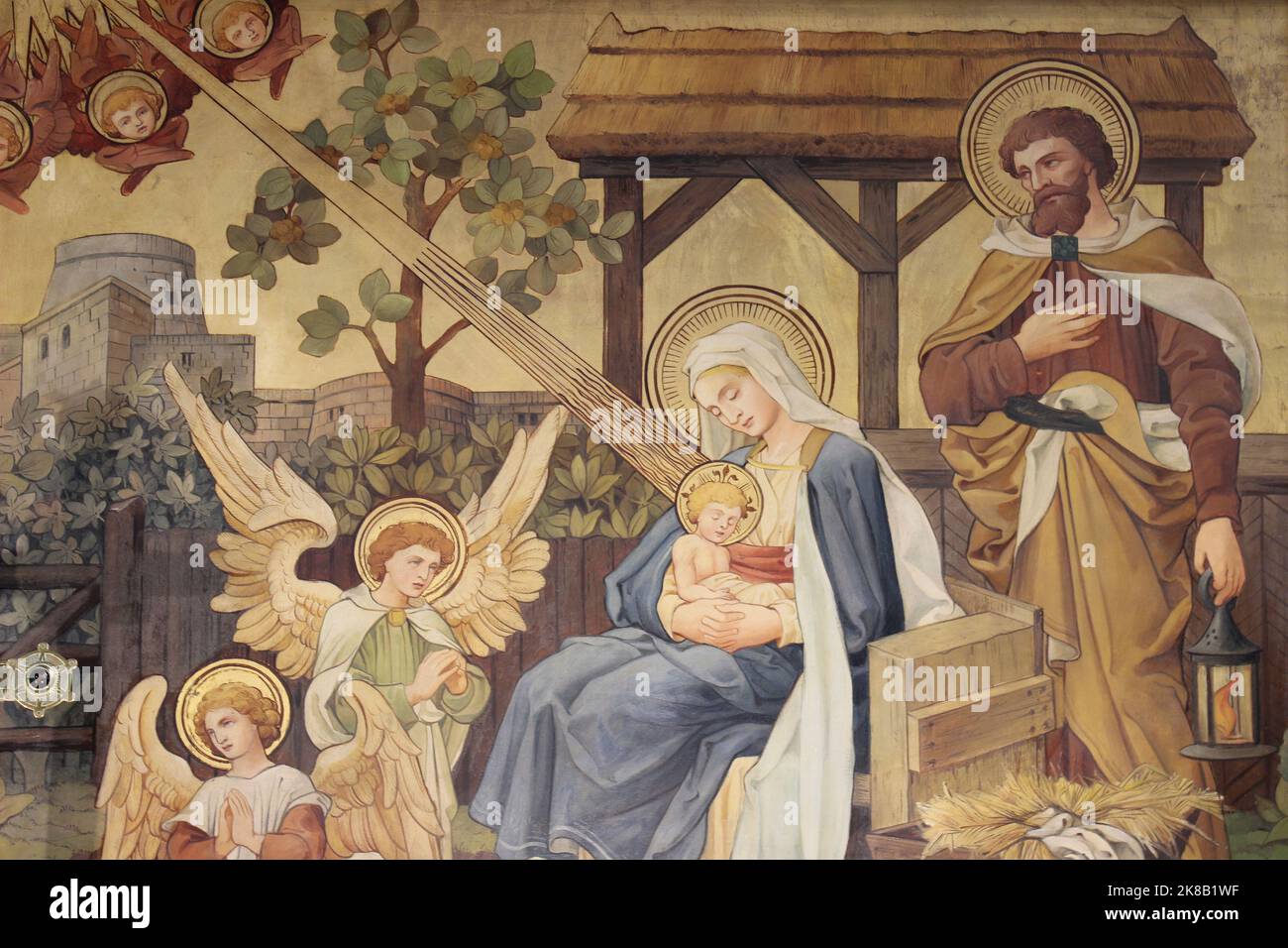 Église Saint-James, New Brighton. Tableau de Nativité par l'éminent artiste de l'église victorienne Alfred O Hemming Banque D'Images