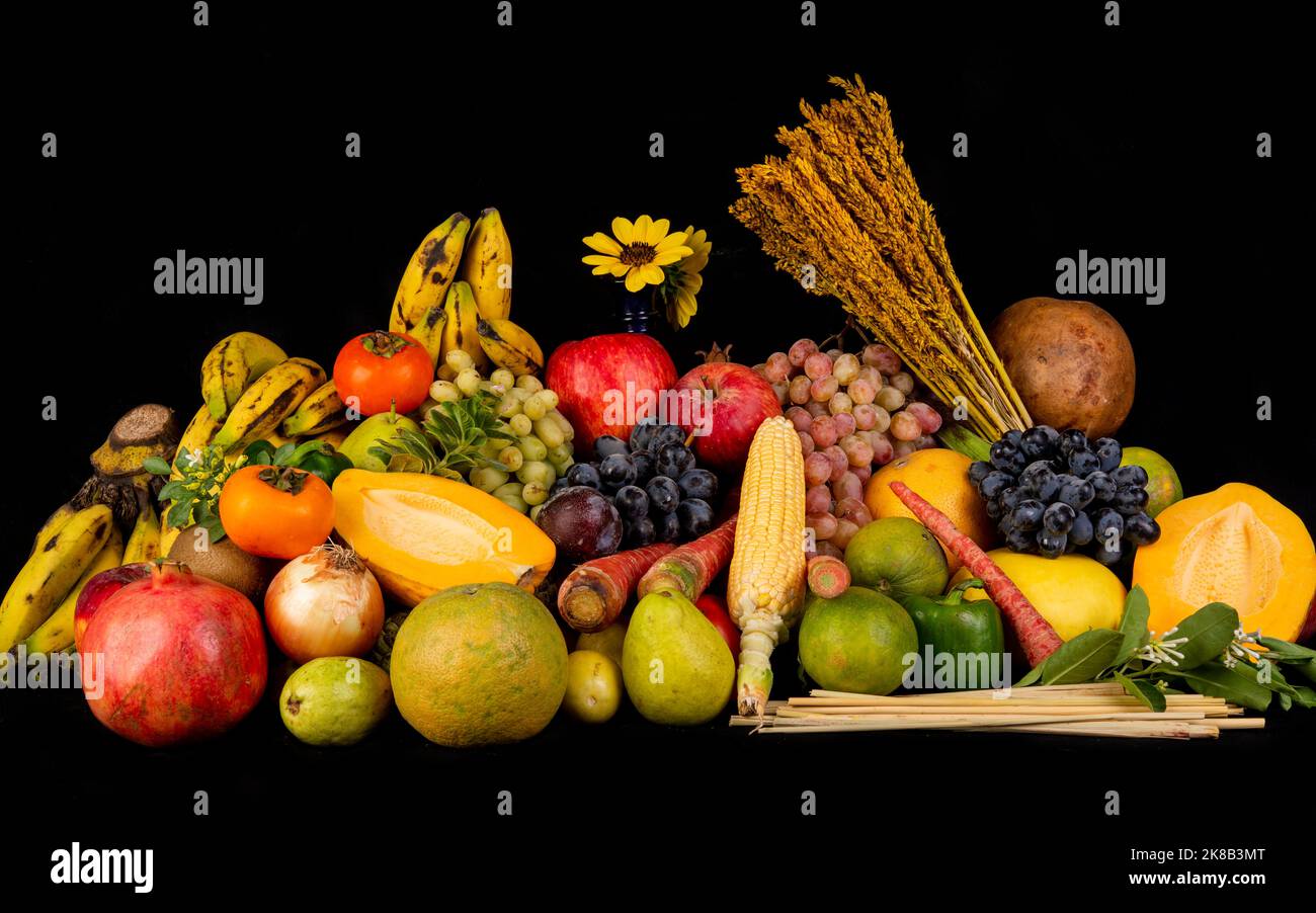 Assortiment de fruits biologiques sur bannière sombre pour un concept de saine alimentation. Banque D'Images