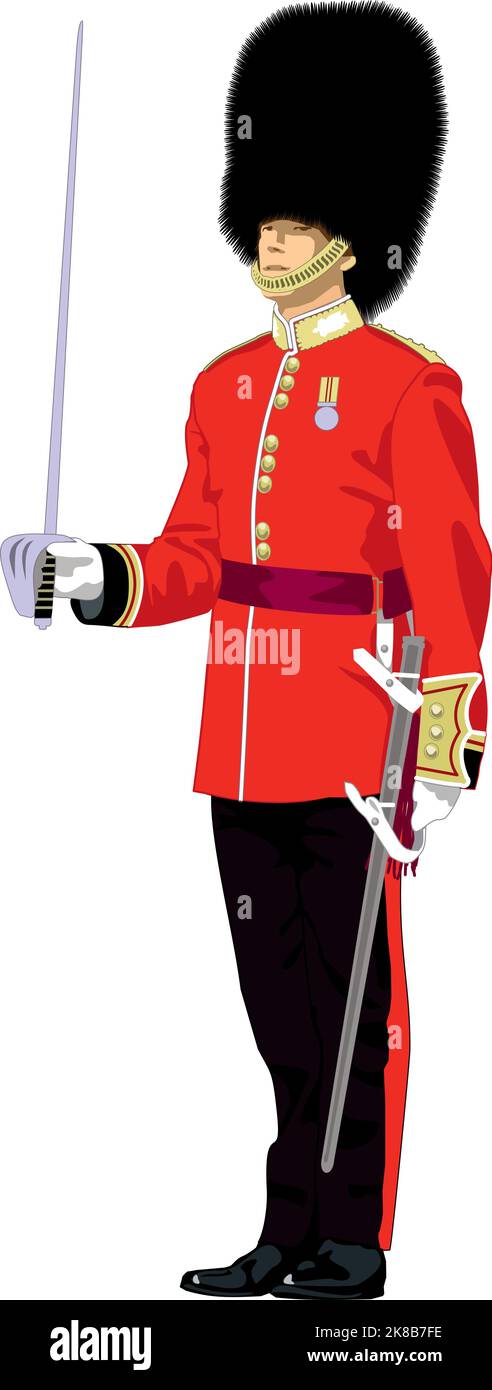 Guardsman anglais en robe complète salue avec une épée Illustration de Vecteur