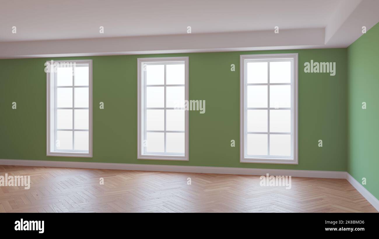 Concept intérieur de la chambre vide avec murs verts, trois grandes fenêtres, parquet brillant clair à chevrons et un Plinth blanc. Chambre non meublée. 3D illustration, Ultra HD 8K, 7680x4320, 300 dpi Banque D'Images