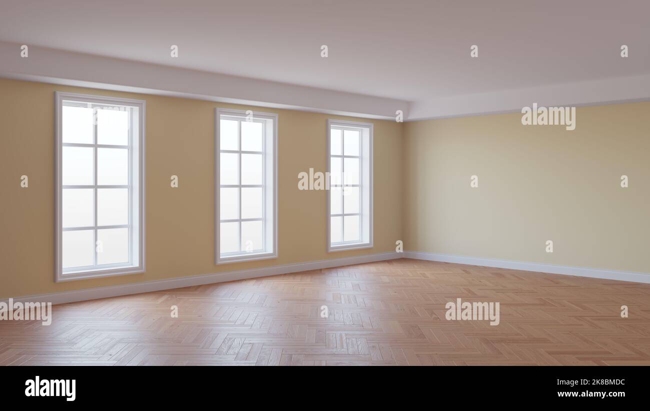 Magnifique intérieur avec murs beige, trois grandes fenêtres, parquet brillant à chevrons et un Plinth blanc. Concept de la salle vide. 3D illustration, 8K Ultra HD, 7680 x 4320, 300 dpi Banque D'Images