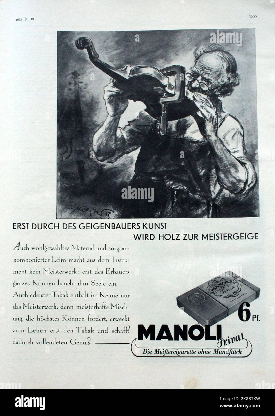 Anzeige der Manoli Zigarettenfabrik Berlin aus dem Jahr 1933 für Zigaretten der Marke 'Manoli privat', die „Meisterzigarette ohne Mundstück“, gestaltet von Theo Matejko (1893-1946). Publicité de l'usine de cigarettes Manoli, Berlin à partir de 1933 pour leur marque 'Manoli privat', conçue par Theo Matejko (1893-1946) Banque D'Images