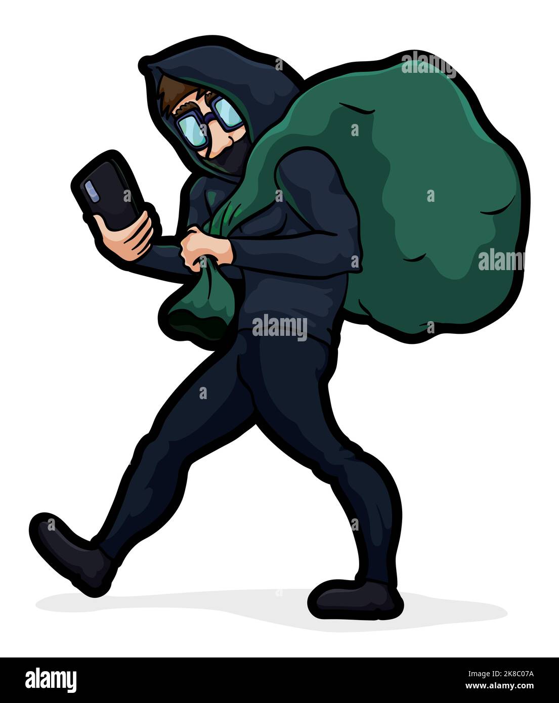 Homme détendu portant des vêtements sombres et tenant un grand sac vert, faisant un cyber-heist seulement avec son téléphone cellulaire. Illustration de Vecteur