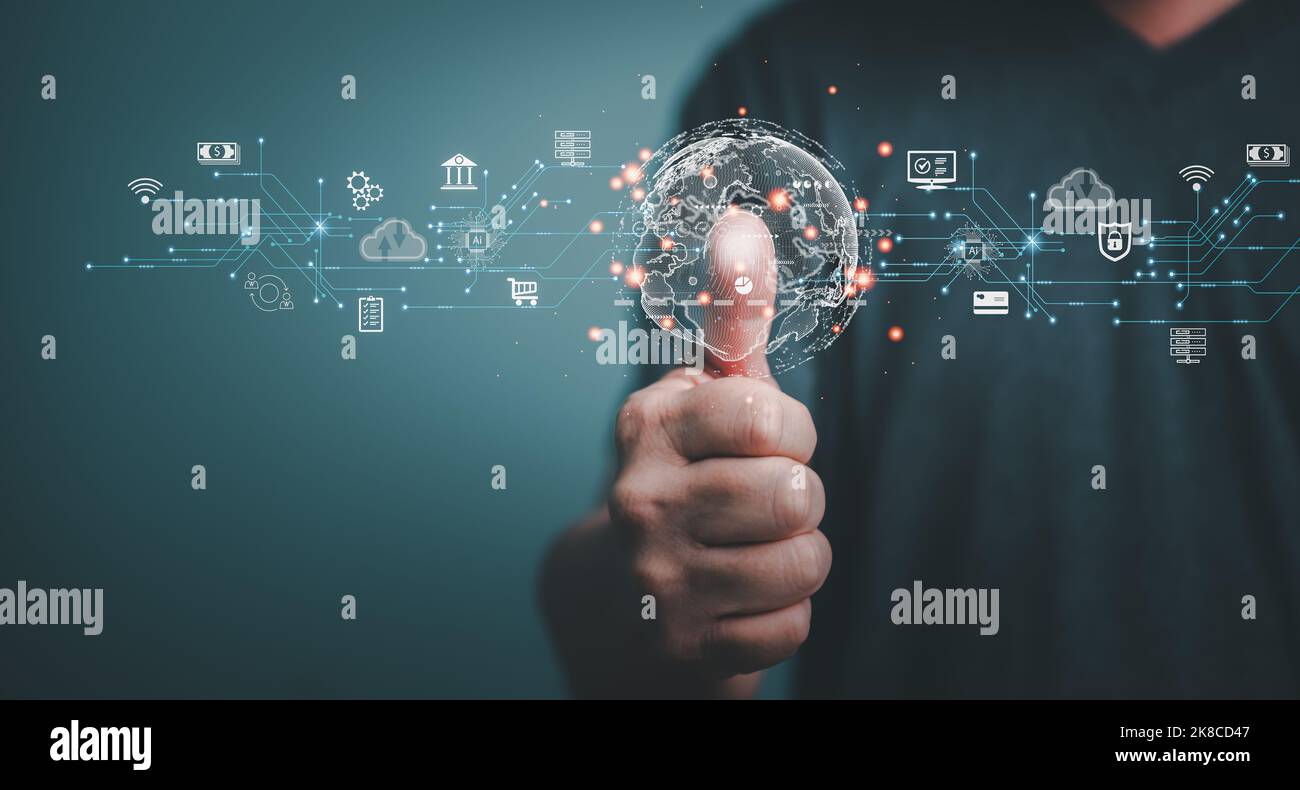 Technologie de transaction numérique, homme d'affaires utilisant l'identification par empreintes digitales pour accéder aux données personnelles d'affaires et de finances, sécurité biométrique, nov Banque D'Images