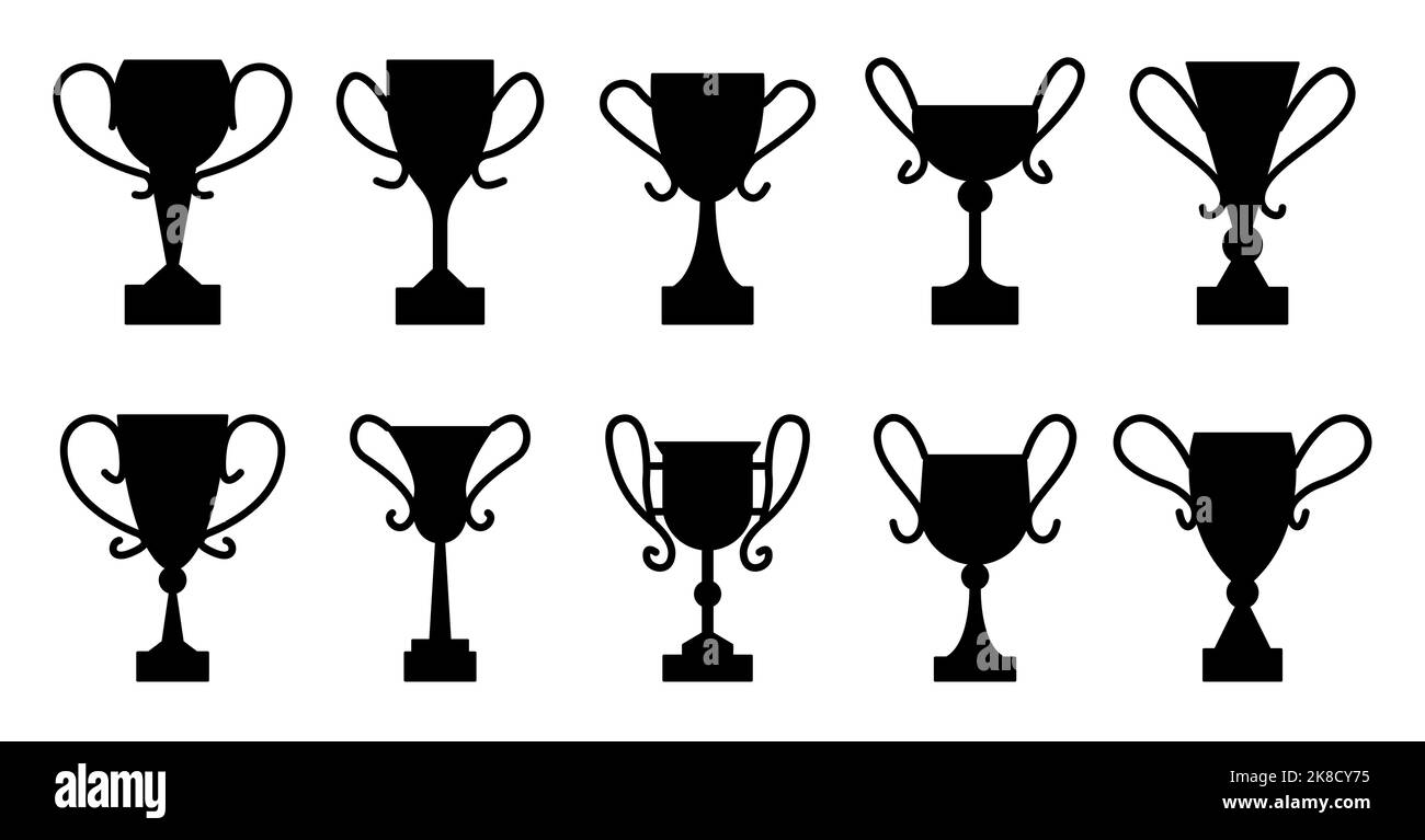 Ensemble d'icônes noires plates de goblet. Champion Gold. Silhouette de trophée gagnante de forme différente. Coupes de la victoire. Affiche représentant une tasse. Symbole du meilleur choix. Emblème du championnat isolé sur blanc Illustration de Vecteur