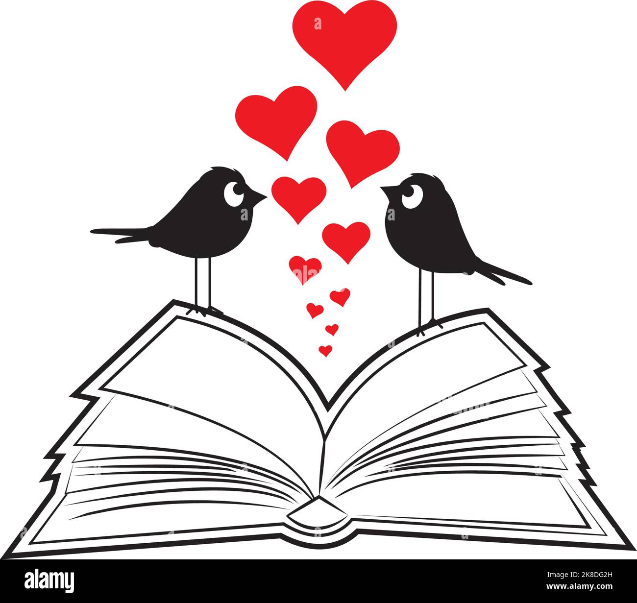 Illustration de livre ouvert et silhouettes de couple d'oiseaux, vecteur. Illustration de dessin animé isolée sur fond blanc Illustration de Vecteur