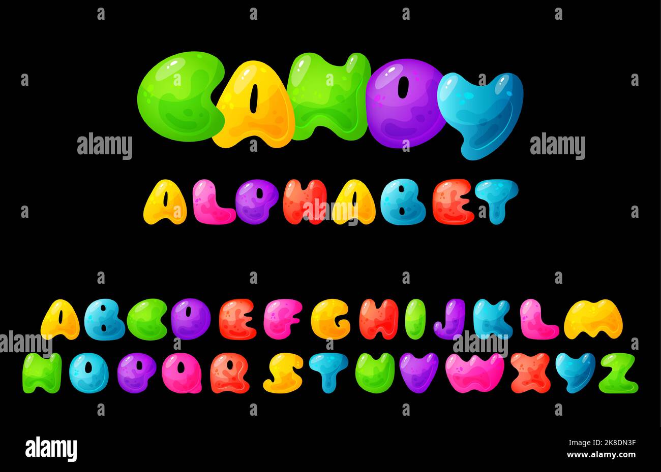 Lettres colorées en gelée, alphabet comique pour les enfants. Police jelly Bright. Type d'enfant pour les événements, les promotions. Illustration de Vecteur
