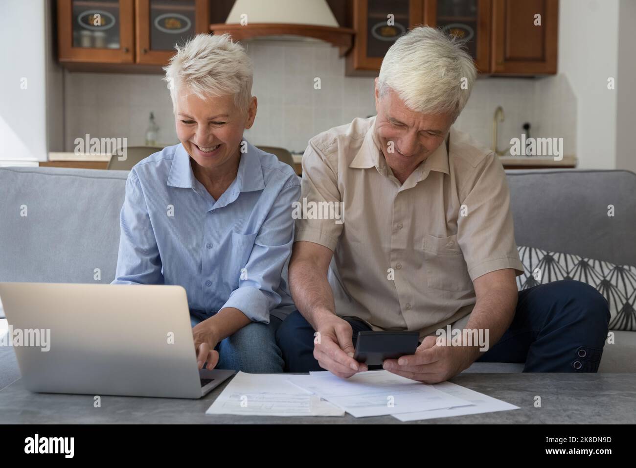 Les anciens conjoints gèrent les finances, utilisent un ordinateur portable, paient les factures par e-banque Banque D'Images