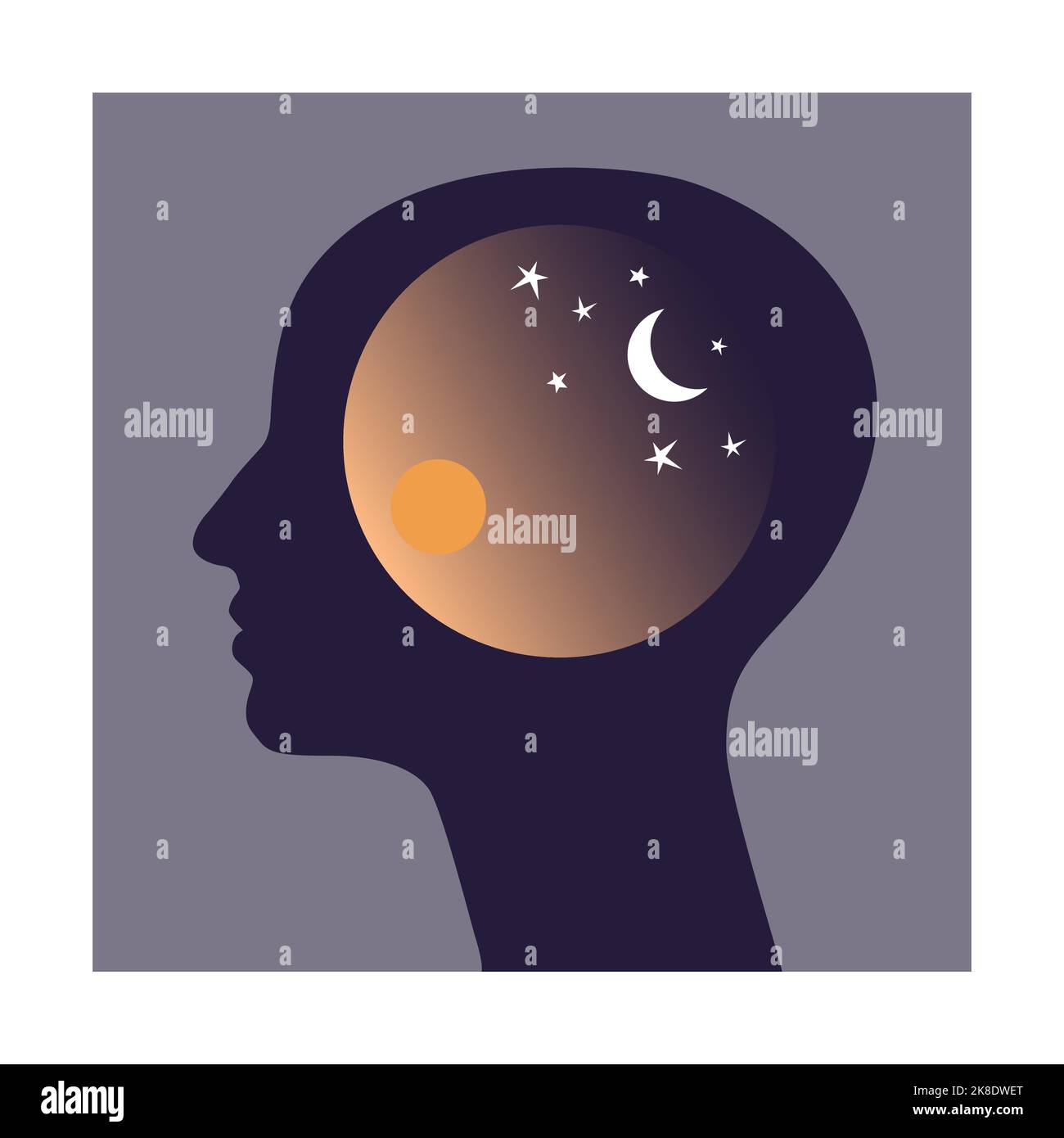 Silhouette de la tête avec symboles jour et nuit. Concept du rythme circadien. Illustration de Vecteur