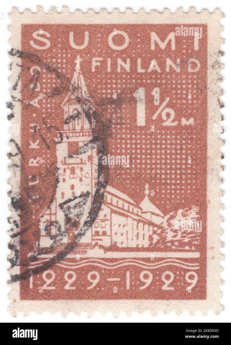 FINLANDE - 1929 22 mai : timbre-poste au chocolat marka de 1,50 représentant la cathédrale de Turku. 700 anniversaire de la fondation de la ville de Turku (Abo) Banque D'Images