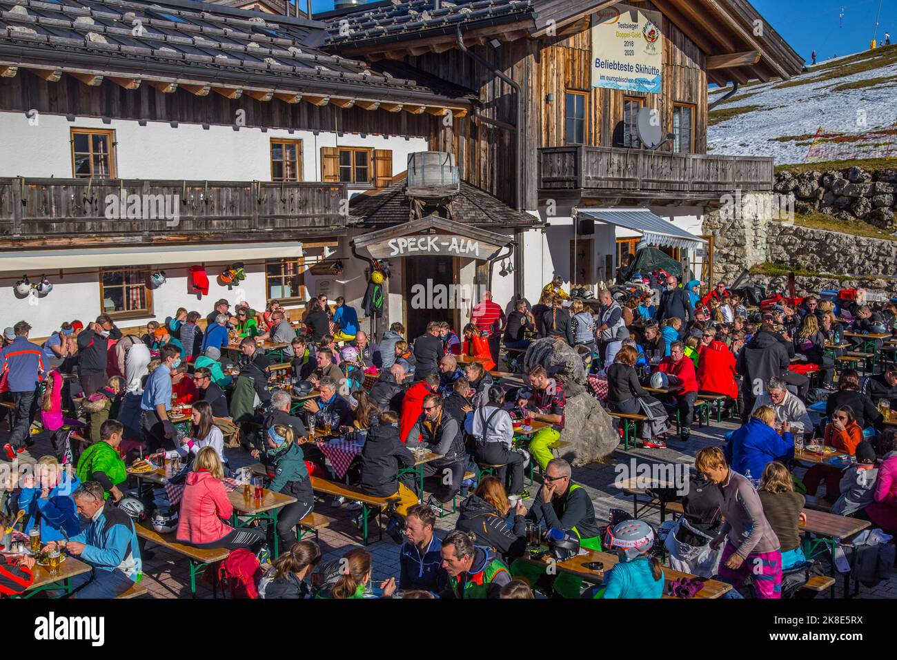 auberge de montagne Speck-Alm et cabane d'après-ski, domaine skiable de Sudelfeld, Bayrischzell, haute-Bavière Banque D'Images