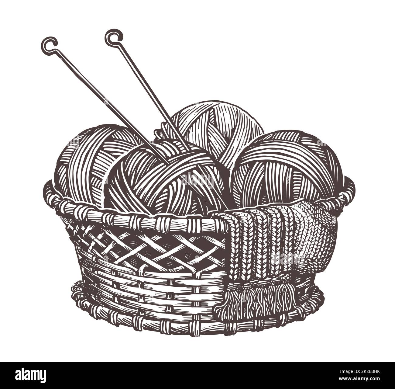Kit pour tricoter à la main. Panier avec billes de fil et aiguilles à tricoter. Illustration vectorielle vintage Illustration de Vecteur