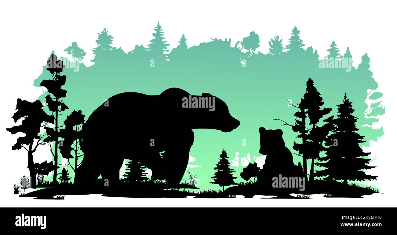 Mère ours avec cub. Animaux sauvages. Silhouette. Glade dans la taïga de forêt de conifères du nord. Isolé sur fond blanc. Vecteur. Illustration de Vecteur
