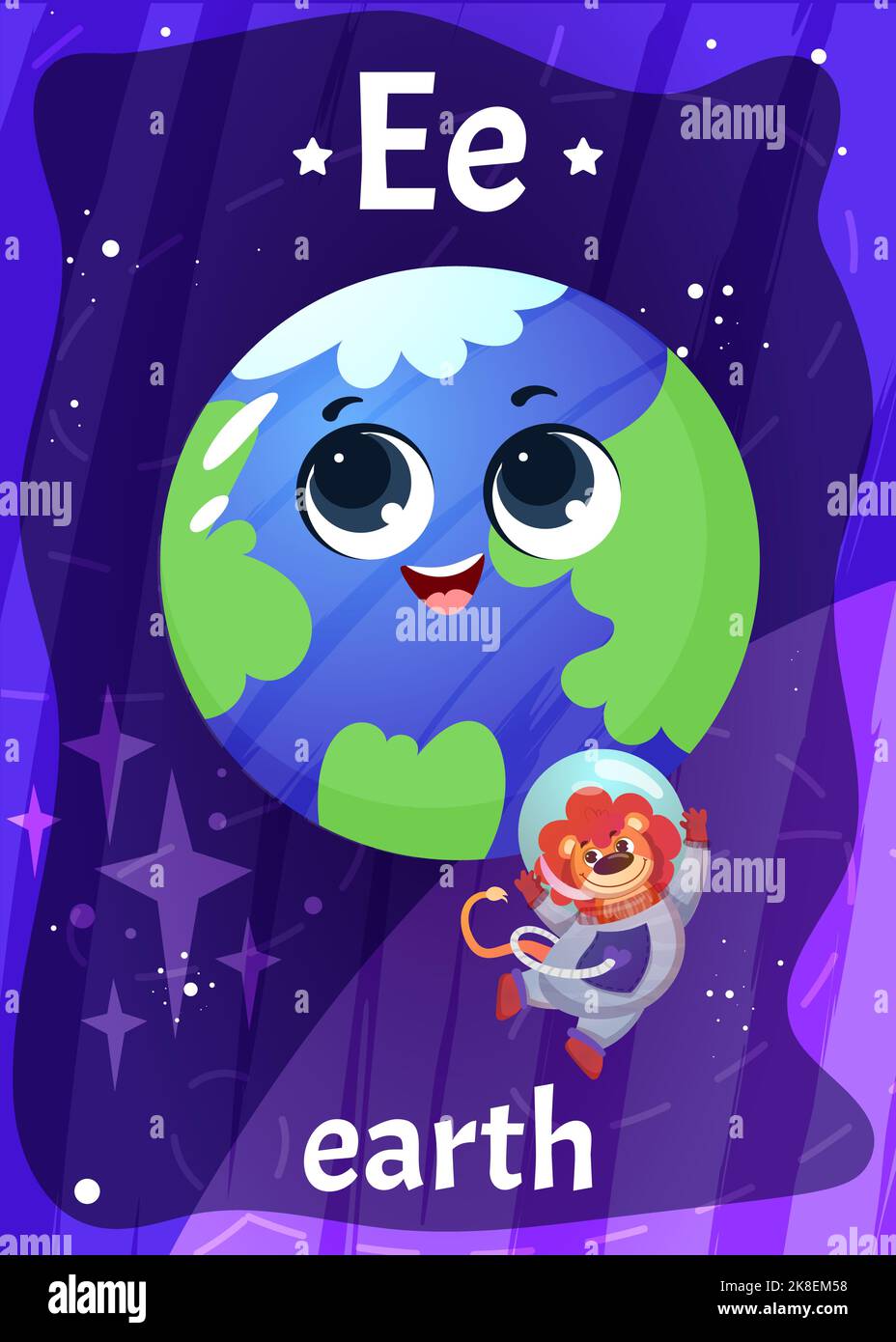 Espace imprimable carte-éclair alphabétique avec lettre E. Cartoon Terre mignonne et astronaute avec mot anglais sur carte-éclair pour l'éducation des enfants. Cartes pour enfants pour l'enseignement de la lecture en maternelle ou préscolaire. Illustration de Vecteur