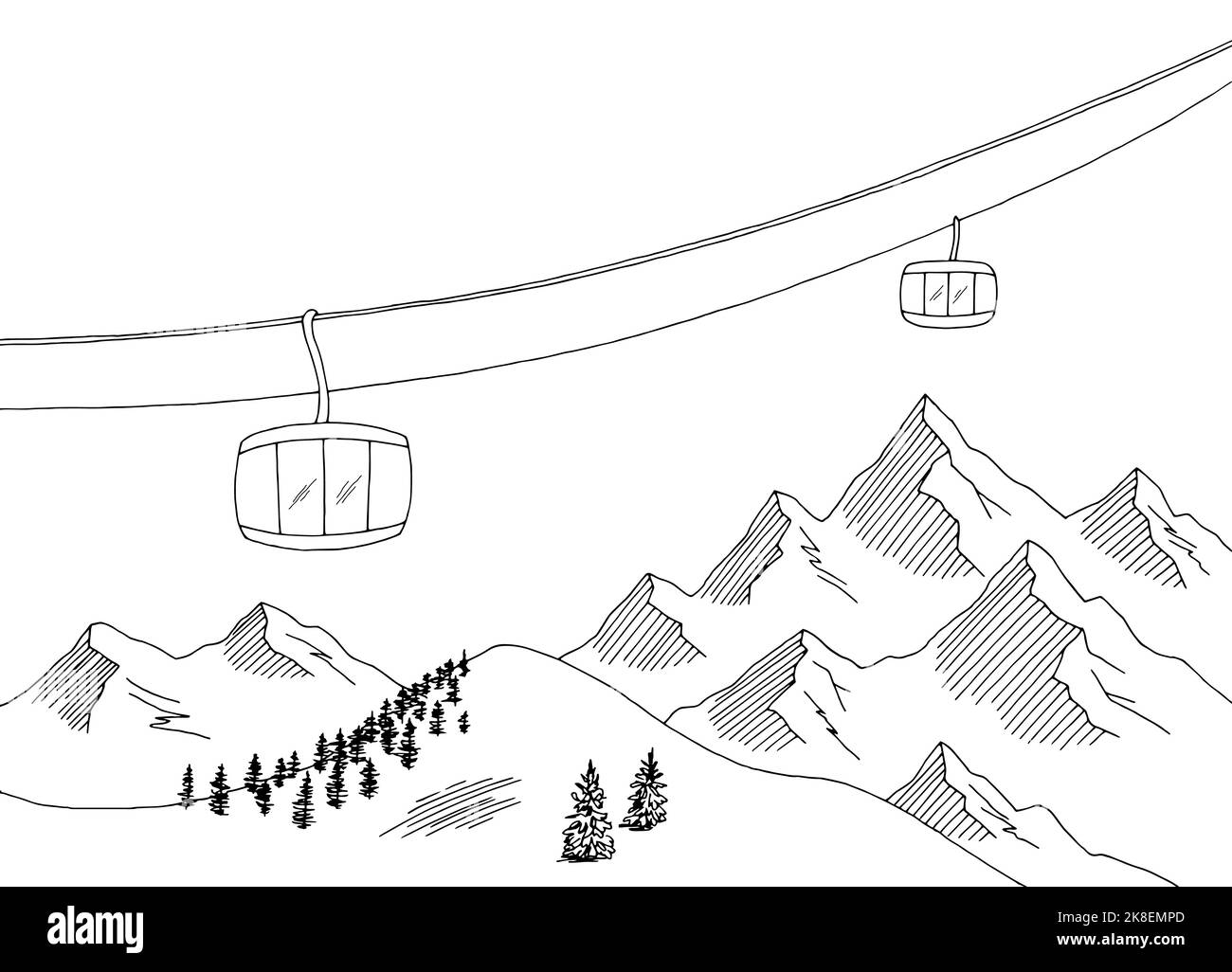 Cable car graphique montagne noir blanc paysage dessin vecteur d'illustration Illustration de Vecteur