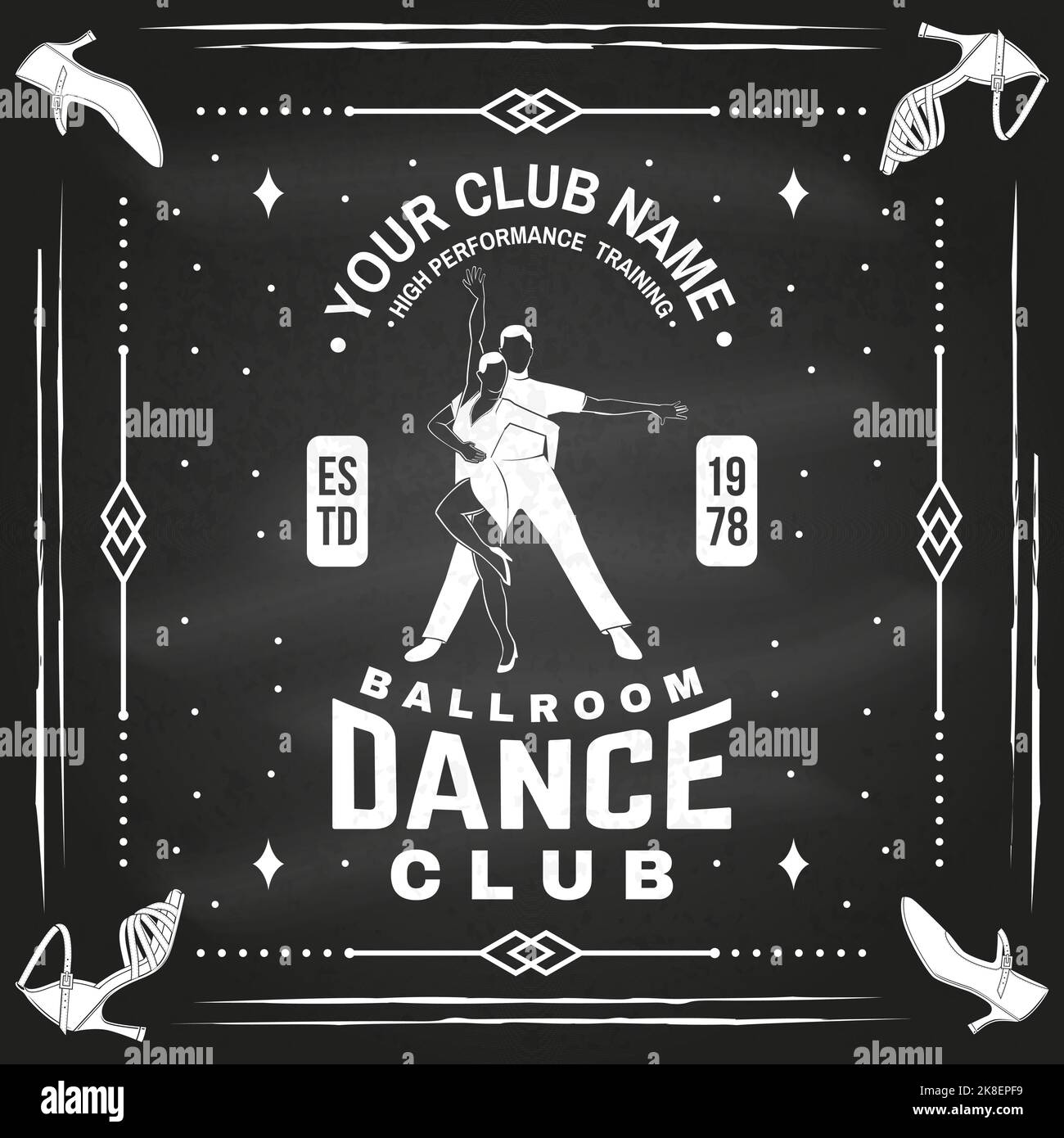 Logo du club de sport de danse de la salle de bal, badge sur le tableau noir. Concept pour chemise ou logo, imprimé, timbre ou tee-shirt. Autocollant de sport de danse avec chaussures pour Illustration de Vecteur