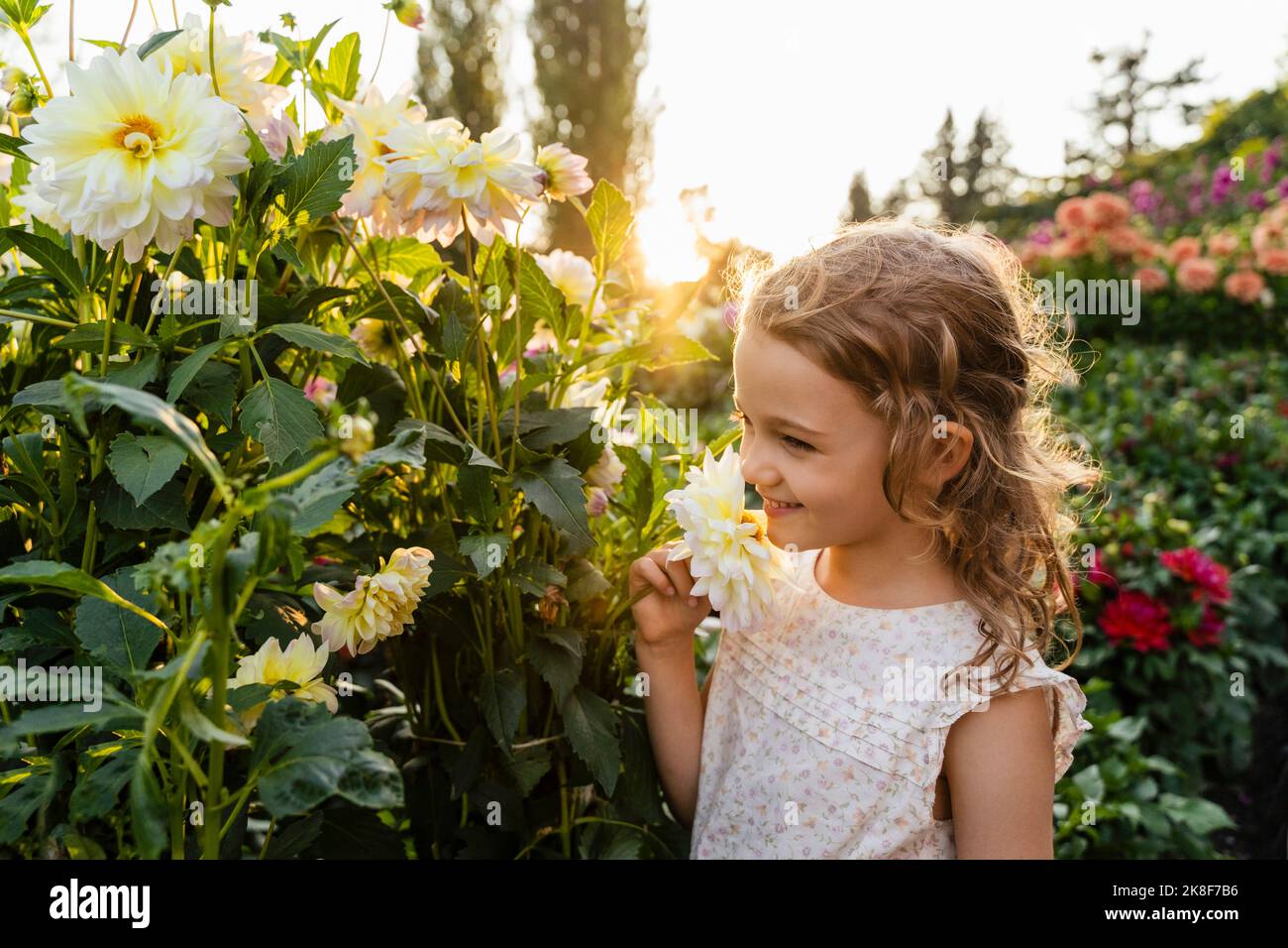 Petite fille sentant des fleurs dans le jardin Banque D'Images