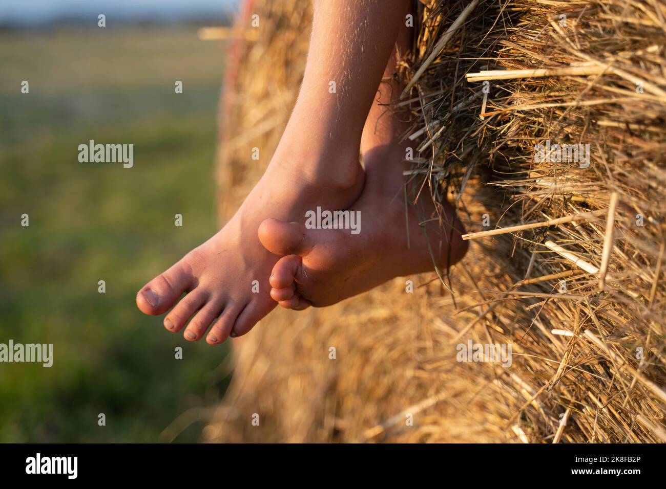 Jambes de fille croisées à la cheville sur haystack Banque D'Images