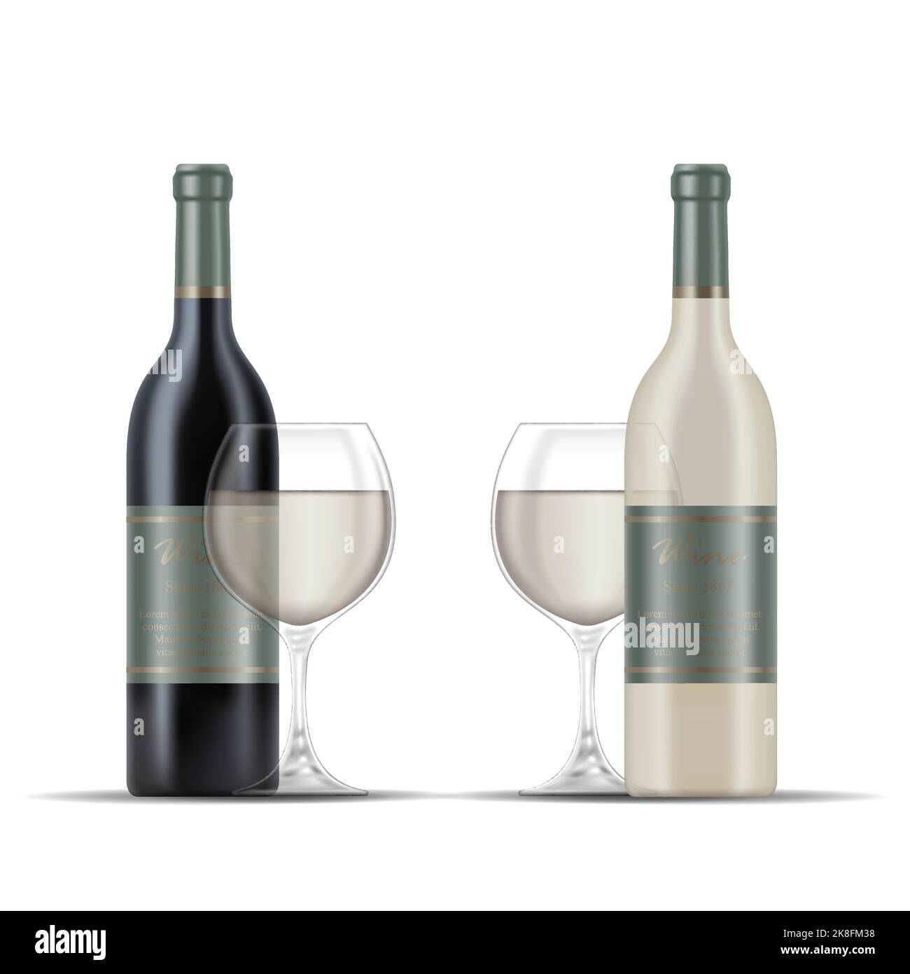 Illustration de 2 verres de vin blanc et de bouteilles de vin isolées sur fond blanc Illustration de Vecteur