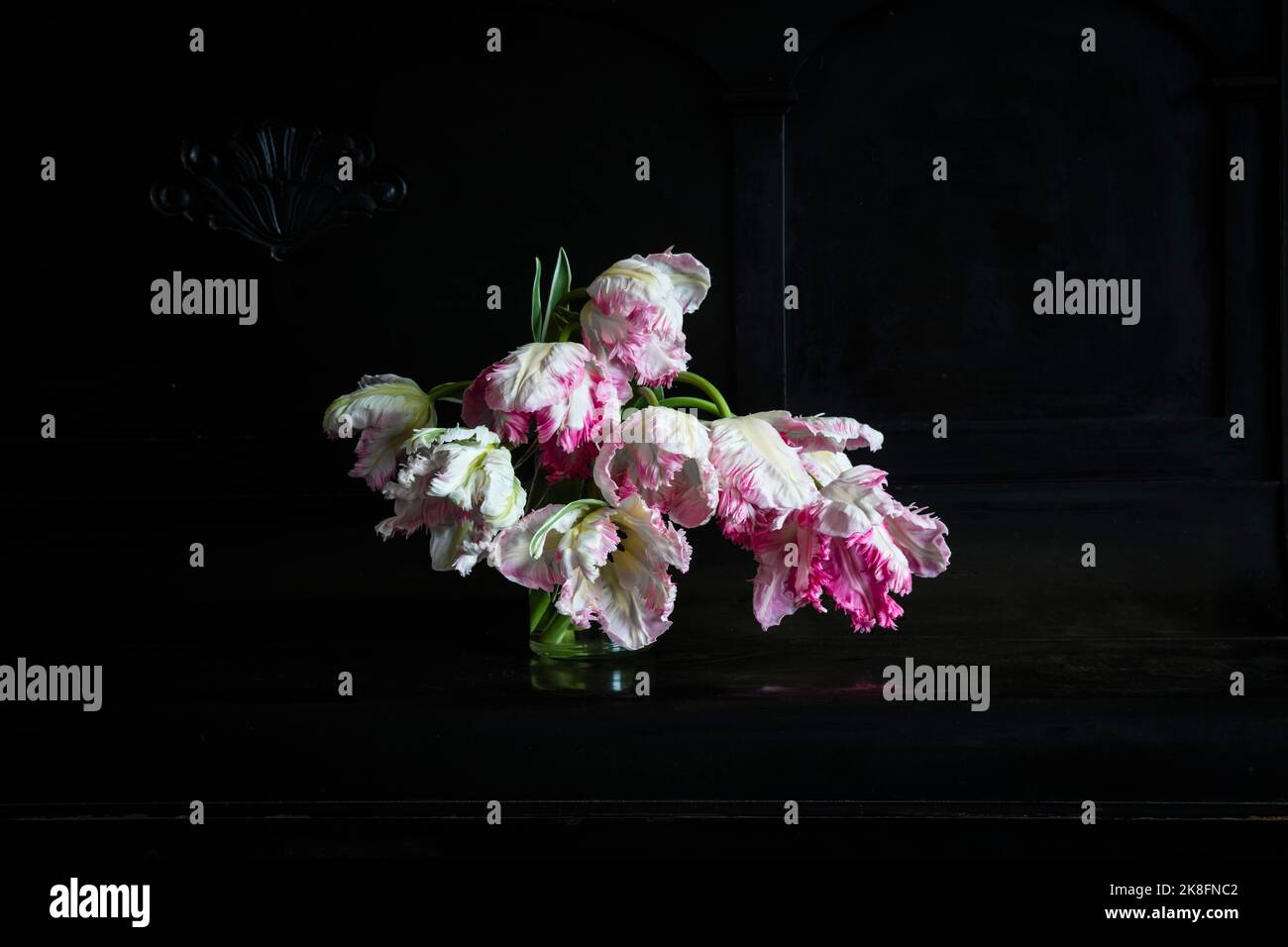 Vase avec tulipes argentées en fleur rose perroquet debout sur piano Banque D'Images