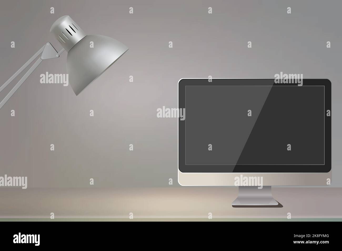 Illustration vectorielle. Lieu de travail au bureau, moniteur d'ordinateur, lampe, modèle, concept d'entreprise Banque D'Images