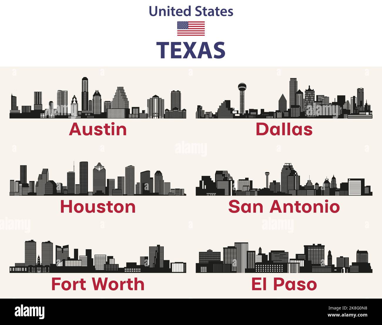 Texas villes Skylines silhouettes ensemble de vecteur Illustration de Vecteur