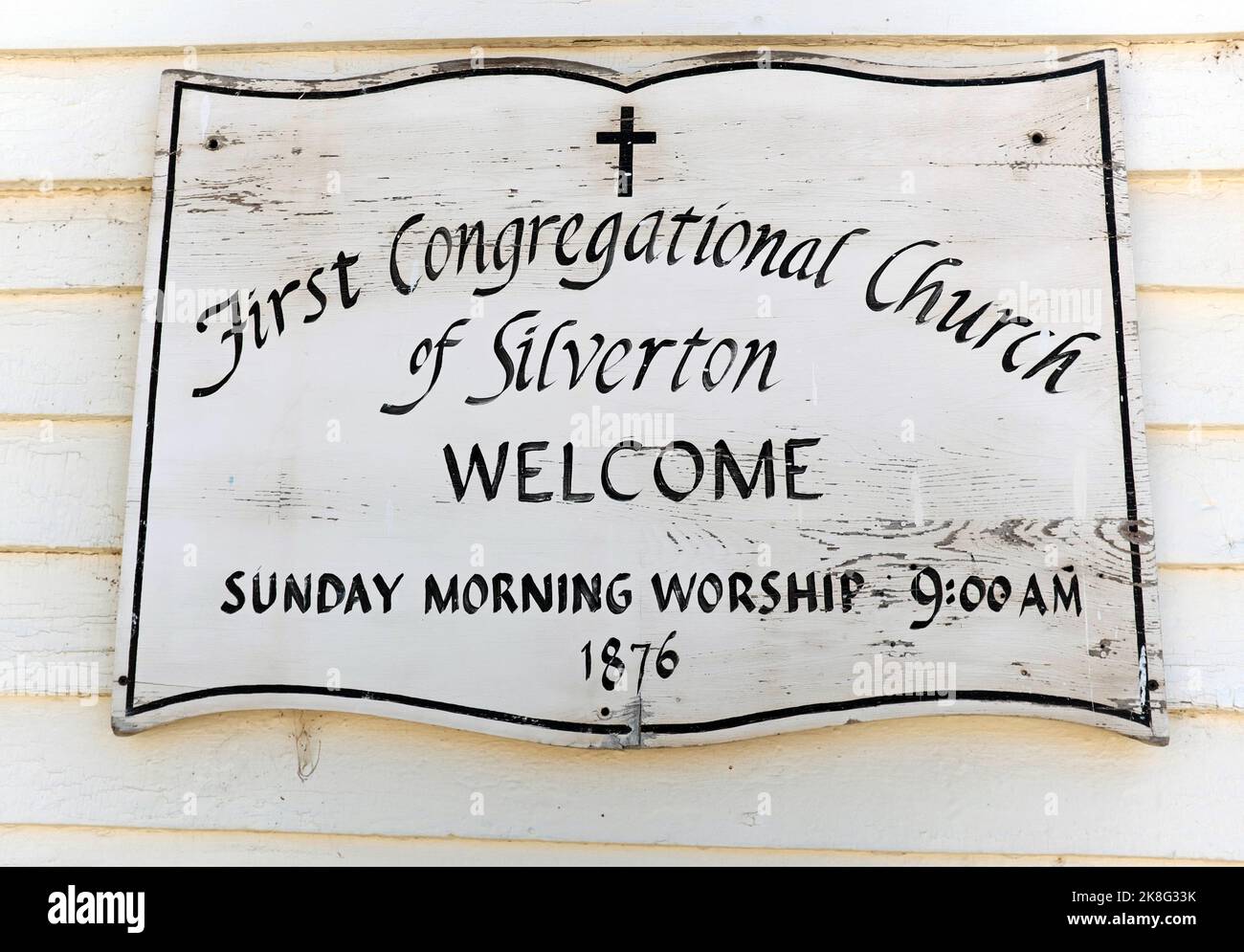 Un panneau à l'extérieur de la première église congrégationale de Silverton sur la rue Reese à Silverton, Colorado, USA est le 7th plus vieux du Colorado. Banque D'Images