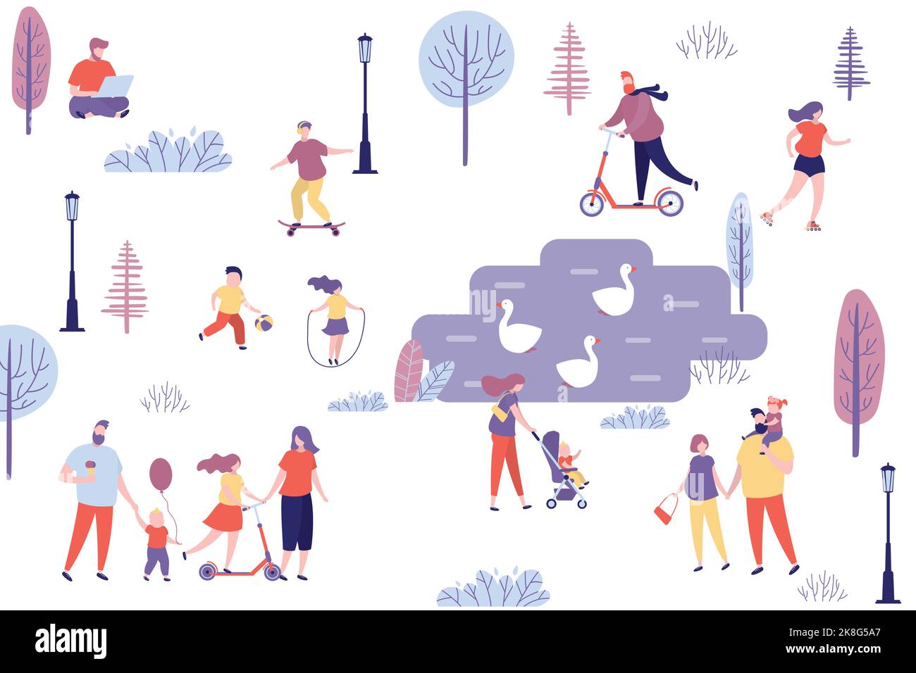 Diverses personnes dans le parc, personnages humains vie active, espace de loisirs, couples et familles avec enfants passent du temps dans le parc de la ville. Étang avec Illustration de Vecteur