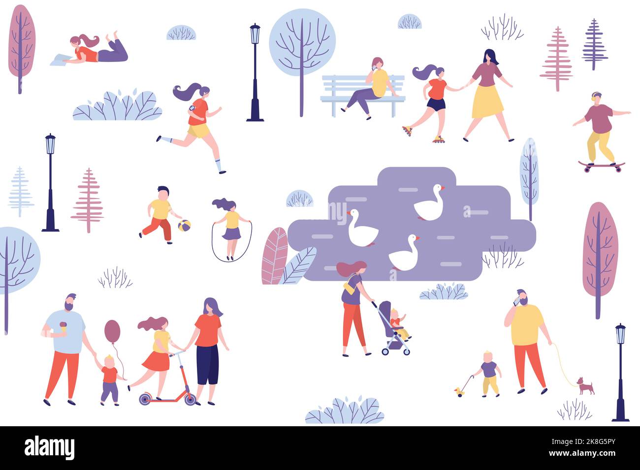 Diverses personnes dans le parc, personnages humains vie active, espace de loisirs, couples et familles avec enfants passent du temps dans le parc de la ville. Étang avec Illustration de Vecteur