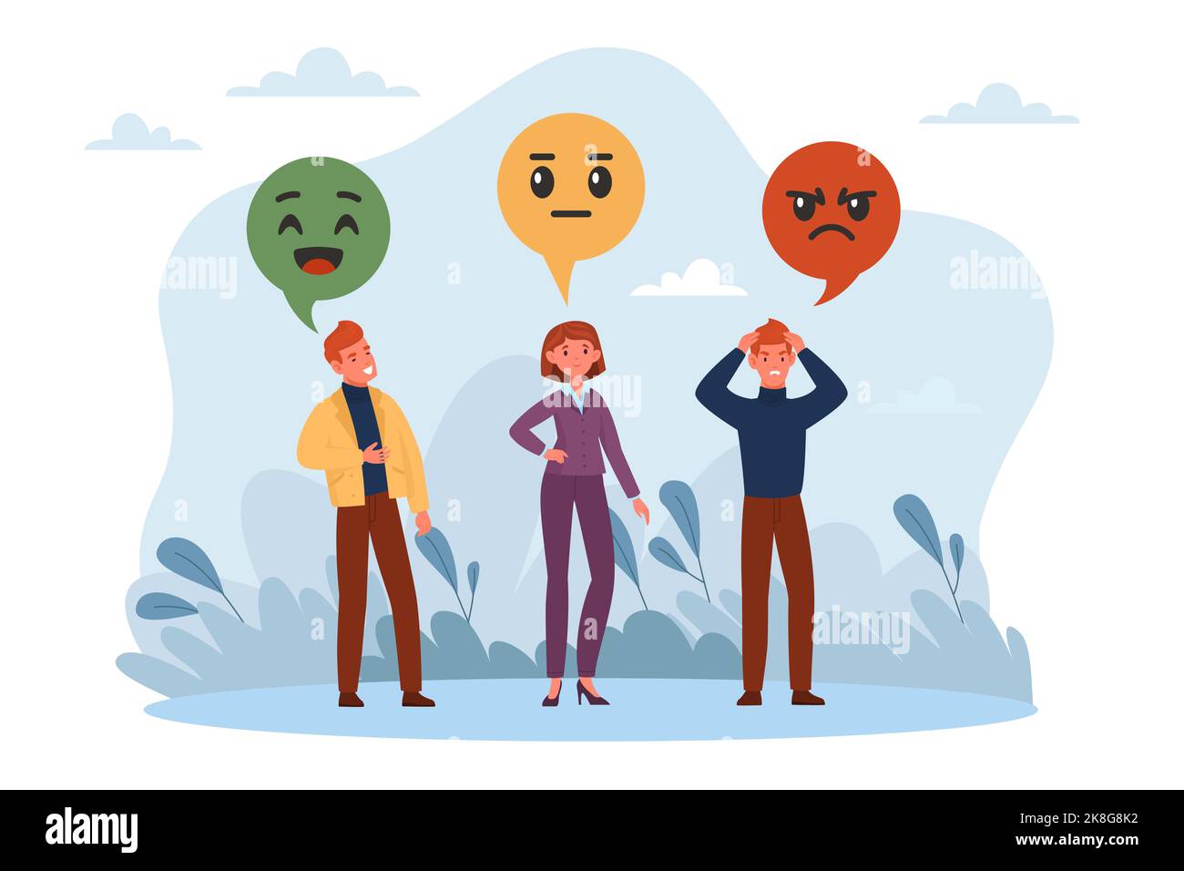 Analyse des sentiments, opinions différentes. Divers commentaires des clients. Bonne neutre et mauvaises émotions, les gens de communication positive et négative Illustration de Vecteur