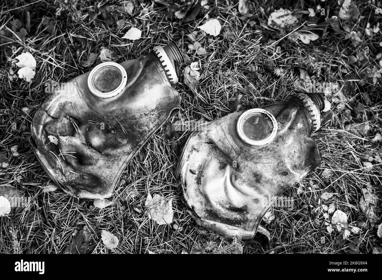 un ancien masque à gaz usagé reposant sur l'herbe humide au sol Banque D'Images