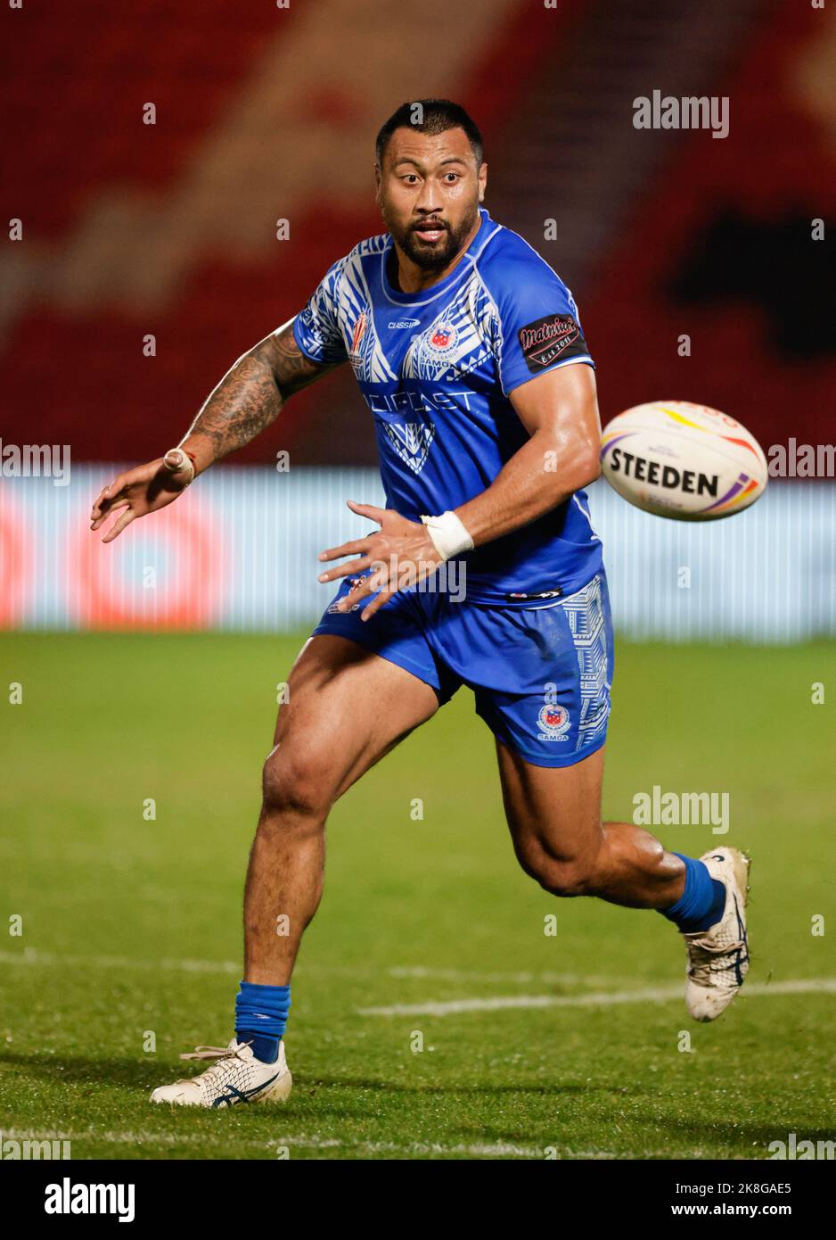 Ligi Sao de Samoa lors de la coupe du monde de Rugby League, un match au stade Eco-Power, Doncaster. Date de la photo: Dimanche 23 octobre 2022. Banque D'Images