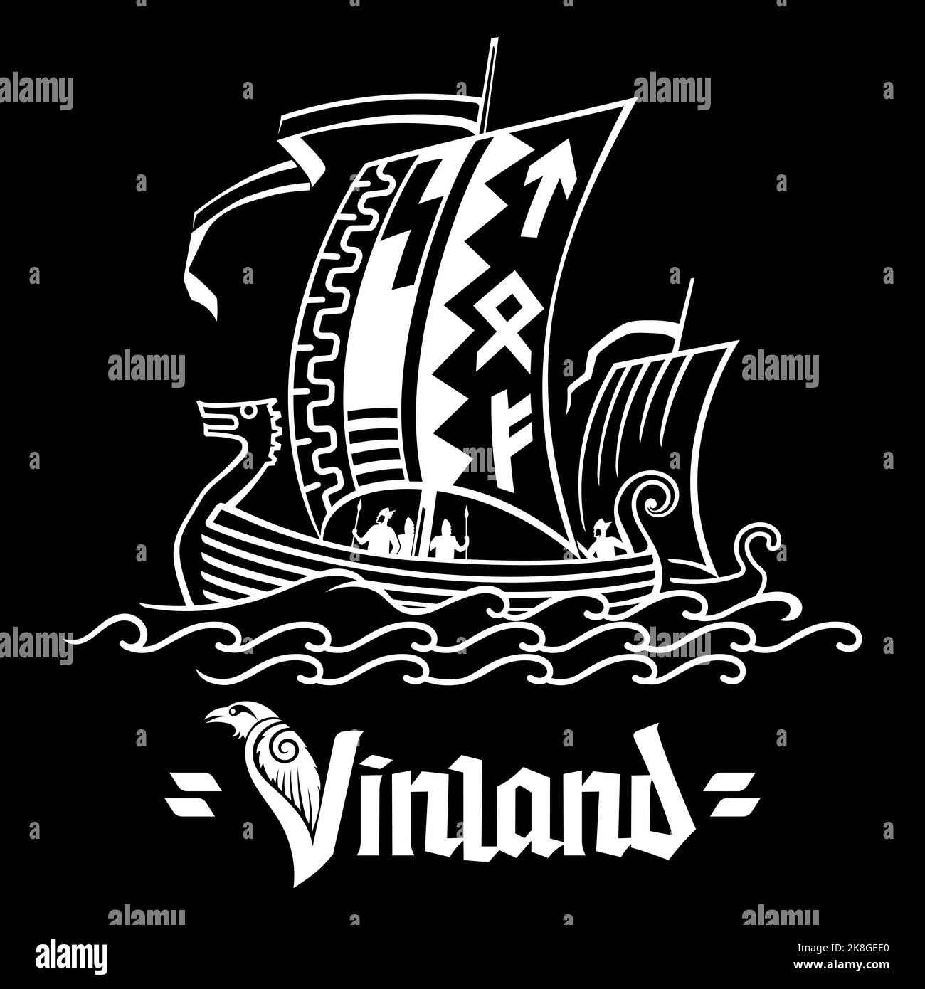 Design scandinave ancien. Bateau viking Drakkar naviguant sur les vagues peint dans un style rétro vintage Illustration de Vecteur